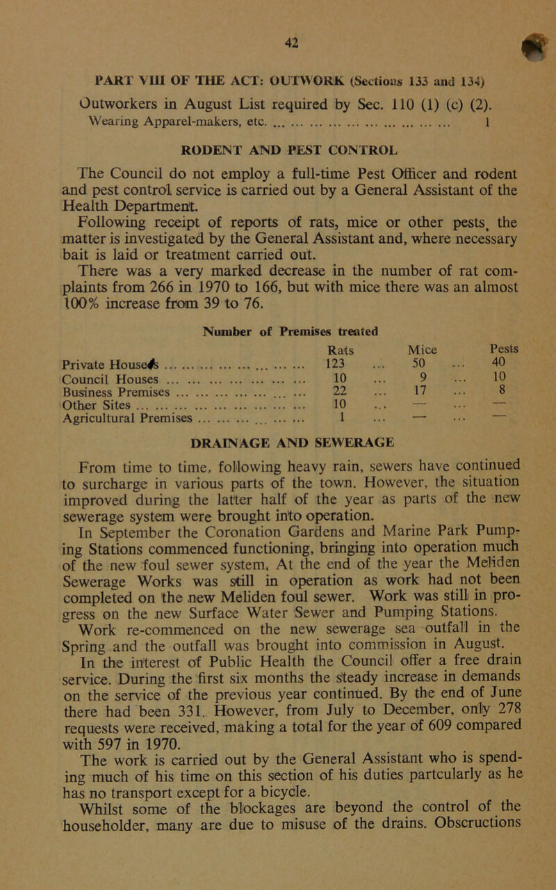 PART V1U OF THE ACT: OUTWORK (Sections 133 and 134) Outworkers in August List required by Sec. 110 (1) (c) (2). Wearing Apparel-makers, etc 1 RODENT AND PEST CONTROL The Council do not employ a full-time Pest Officer and rodent and pest control service is carried out by a General Assistant of the Health Department. Following receipt of reports of rats, mice or other pests, the matter is investigated by the General Assistant and, where necessary bait is laid or treatment carried out. There was a very marked decrease in the number of rat com- plaints from 266 in 1970 to 166, but with mice there was an almost 100% increase from 39 to 76. Number of Premises treated Rats Mice Pests Private Housed 123 50 40 Council Houses 10 9 10 Business Premises 22 17 8 Other Sites 10 , — Agricultural Premises 1 . , DRAINAGE AND SEWERAGE From time to time, following heavy rain, sewers have continued to surcharge in various parts of the town. However, the situation improved during the latter half of the year as parts of the new sewerage system were brought into operation. In September the Coronation Gardens and Marine Park Pump- ing Stations commenced functioning, bringing into operation much of the new foul sewer system, At the end of the year the Meliden Sewerage Works was still in operation as work had not been completed on the new Meliden foul sewer. Work was still in pro- gress on the new Surface Water Sewer and Pumping Stations. Work re-commenced on the new sewerage sea outfall in the Spring and the outfall was brought into commission in August. In the interest of Public Health the Council offer a free drain service. During the first six months the steady increase in demands on the service of the previous year continued. By the end of June there had been 331.. However, from July to December, only 278 requests were received, making a total for the year of 609 compared with 597 in 1970. The work is carried out by the General Assistant who is spend- ing much of his time on this section of his duties partcularly as he has no transport except for a bicycle. Whilst some of the blockages are beyond the control of the householder, many are due to misuse of the drains. Obscructions
