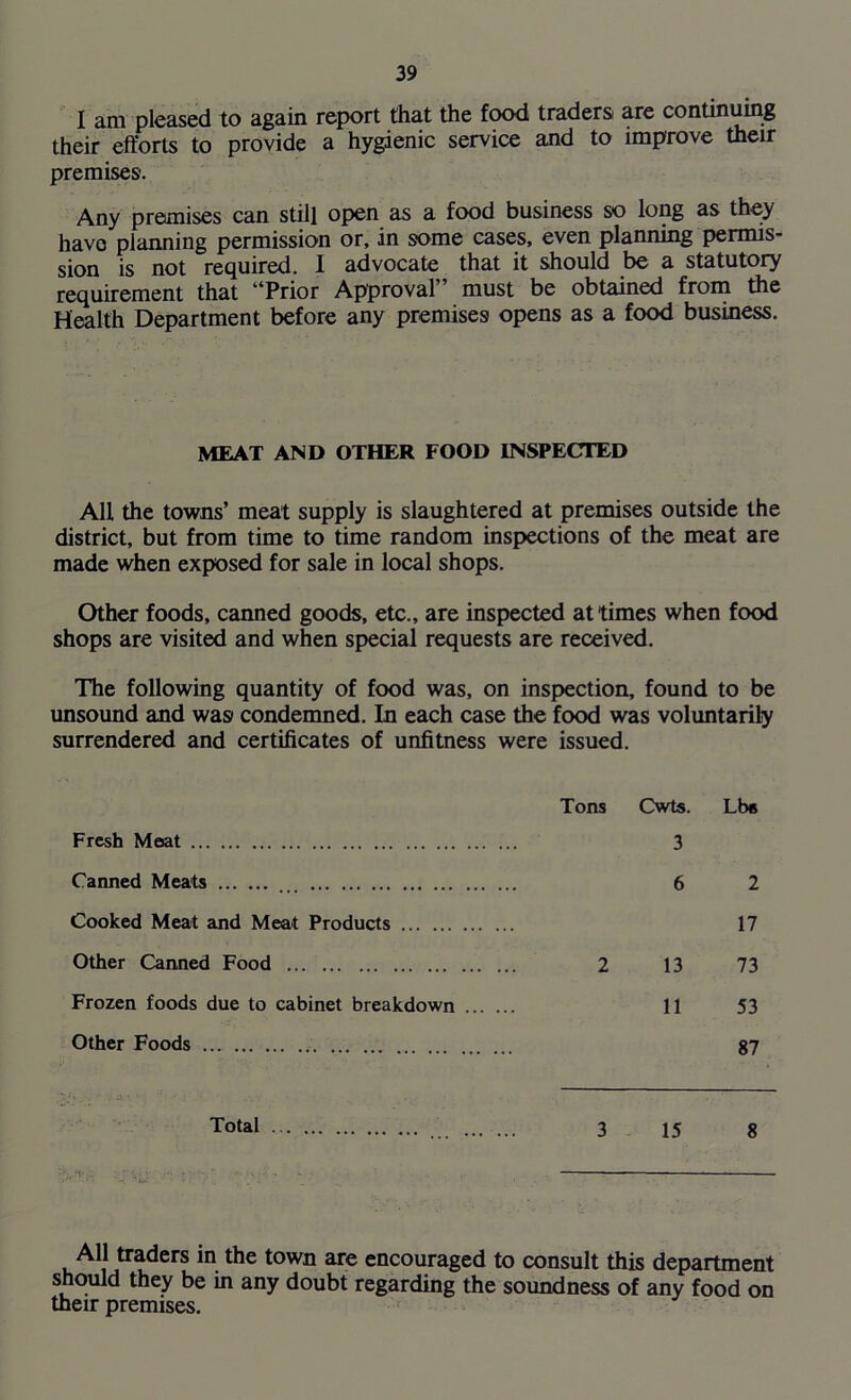 I am pleased to again report that the food traders are continuing their efforts to provide a hygienic service and to improve their premises. Any premises can still open as a food business so long as they have planning permission or, in some cases, even planning permis- sion is not required. I advocate that it should be a statutory requirement that '’Prior Approval must be obtained from the Health Department before any premises opens as a food business. MEAT AND OTHER FOOD INSPECTED AU the towns’ meat supply is slaughtered at premises outside the district, but from time to time random inspections of the meat are made when exposed for sale in local shops. Other foods, canned goods, etc., are inspected at times when food shops are visited and when special requests are received. The following quantity of food was, on inspection, found to be unsound and was condemned. In each case the food was voluntarily surrendered and certificates of unfitness were issued. Tons Cwts. Lb» Fresh Meat 3 Canned Meats ... 6 2 Cooked Meat and Meat Products 17 Other Canned Food 2 13 73 Frozen foods due to cabinet breakdown 11 53 Other Foods 87 Total 3 15 8 All traders in the town are encouraged to consult this department should they be in any doubt regarding the soundness of any food on their premises.