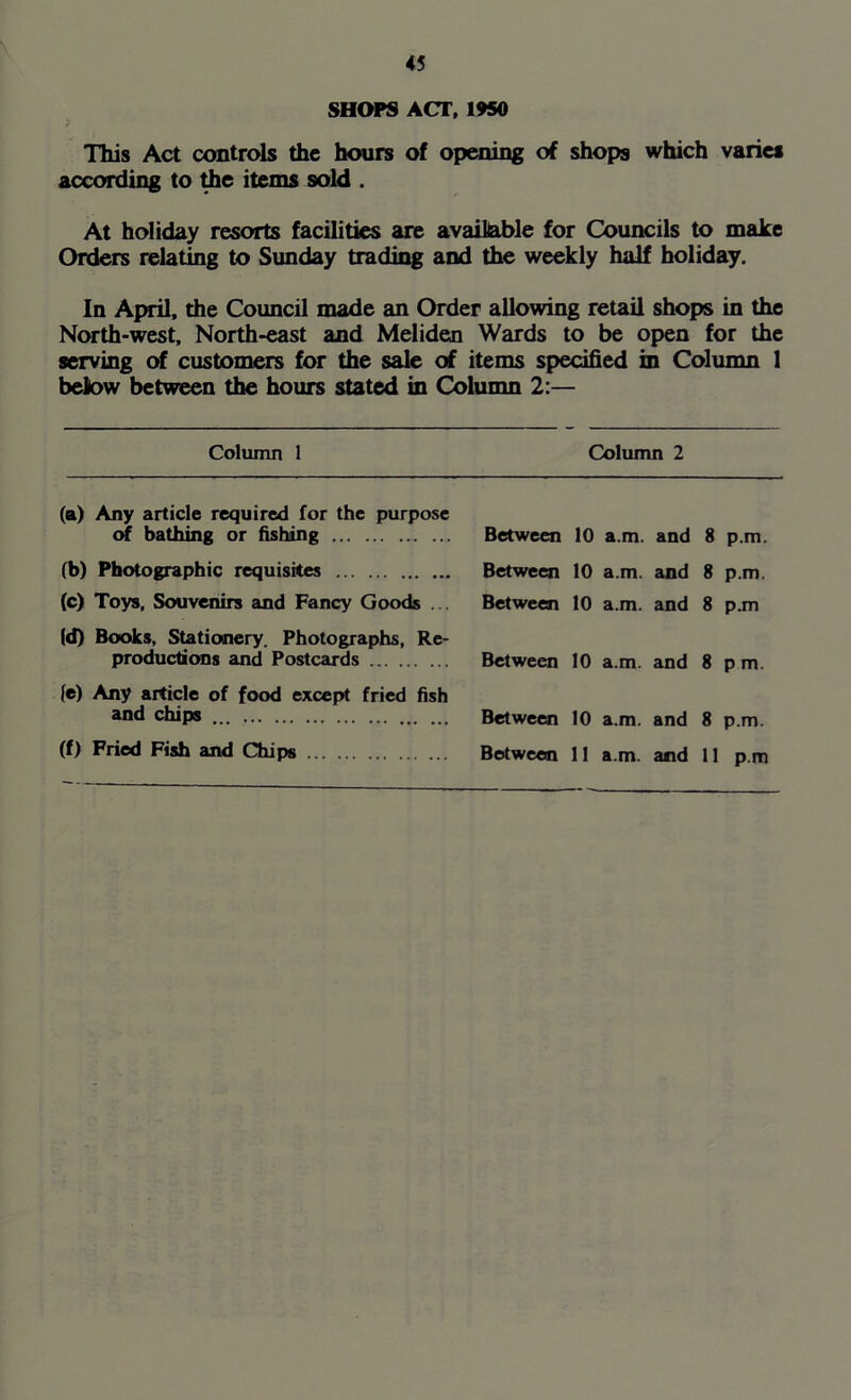 45 SHOPS ACT, 1950 This Act controls the hours of opening of shops which varies according to the items sold . At holiday resorts facilities are available for Councils to make Orders relating to Sunday trading and the weekly half holiday. In April, the Council made an Order allowing retail shops in the North-west, North-east and Meliden Wards to be open for the serving of customers for the sale of items specified in Column 1 below between the hours stated in Column 2:— Column 1 Column 2 (a) Any article required for the purpose of bathing or fishing (b) Photographic requisites (c) Toys, Souvenirs and Fancy Goods ... (d) Books, Stationery. Photographs, Re- productions and Postcards (e) Any article of food except fried fish and chips Between 10 a.m. and 8 p.m. Between 10 a.m. and 8 p.m. Between 10 a.m. and 8 p.m Between 10 a.m. and 8 pm. Between 10 a.m. and 8 p.m.