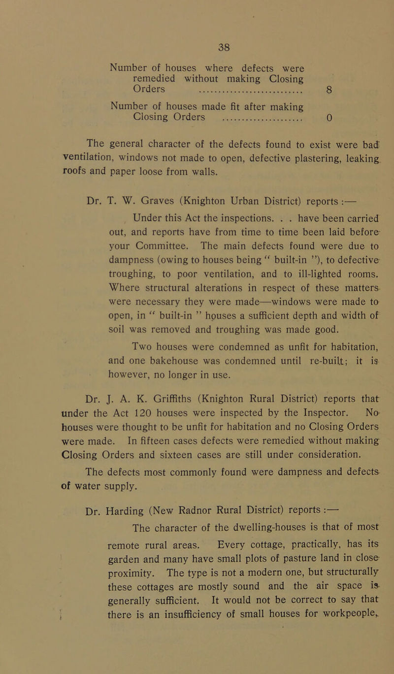 Number of houses where defects were remedied without making Closing Orders 8 Number of houses made fit after making Closing Orders 0 The general character of the defects found to exist were bad' ventilation, windows not made to open, defective plastering, leaking roofs and paper loose from walls. Dr. T. W. Graves (Knighton Urban District) reports :— Under this Act the inspections. . . have been carried out, and reports have from time to time been laid before- your Committee. The main defects found were due to dampness (owing to houses being “ built-in ”), to defective troughing, to poor ventilation, and to ill-lighted rooms. Where structural alterations in respect of these matters were necessary they were made—windows were made to open, in “ built-in ” houses a sufficient depth and width of soil was removed and troughing was made good. Two houses were condemned as unfit for habitation, and one bakehouse was condemned until re-built; it is however, no longer in use. Dr. J. A. K. Griffiths (Knighton Rural District) reports that under the Act 120 houses were inspected by the Inspector. No houses were thought to be unfit for habitation and no Closing Orders were made. In fifteen cases defects were remedied without making Closing Orders and sixteen cases are still under consideration. The defects most commonly found were dampness and defects of water supply. Dr. Harding (New Radnor Rural District) reports :— The character of the dwelling-houses is that of most remote rural areas. Every cottage, practically, has its garden and many have small plots of pasture land in close- proximity. The type is not a modern one, but structurally these cottages are mostly sound and the air space is generally sufficient. It would not be correct to say that there is an insufficiency of small houses for workpeople,.
