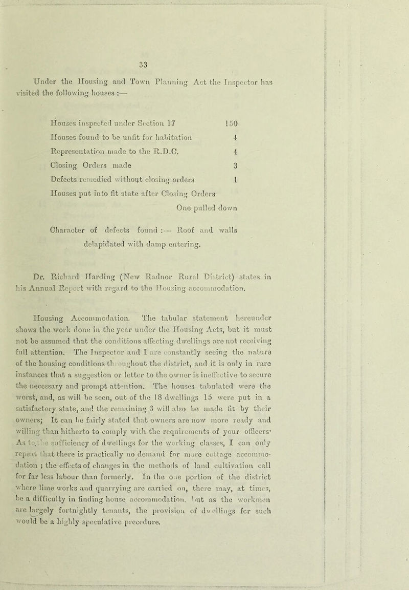 Under the Housing and Town Planning Act the Inspector has visited the following houses :— Houses inspected under Section 17 150 Houses found to be unlit for habitation 4 Representation made to the R.D.C. 4 Closing Orders made 3 Defects remedied without closing orders 1 Houses put fnto fit state after Closing Orders One pulled down Character of defects found :— Roof and walls delapidated with damp entering. Dr. Richard Harding (New Radnor Rural District) states in his Annual Report with regard to the Housing accommodation. Housing Accommodation. The tabular statement hereunder shows the work done in the year under the Housing Acts, but it must not be assumed that the conditions affecting dwellings are not receiving full attention. The Inspector and I are constantly seeing the nature of the housing conditions th ugliout the district, and it is only in rare instances that a suggestion or letter to the owner is ineffective to secure the necessary and prompt attention. The houses tabulated were the worst, and, as will be seen, out of the 18 dwellings 15 were put in a satisfactory state, and the remaining 3 will also bo made fit by tlmir owners; It can be fairly stated that owners are now more ready and willing than hitherto to comply with the requirements of your officers’ As t . ’ :■ sufficiency of dwellings for the working classes, I can only repeat that there is practically no demand for mure cottage accommo- dation ; the effects of changes in the methods of land cultivation call for far less labour than formerly. In the one portion of the district where lime works and quarrying are carried on, there may, at times, be a difficulty in finding house accommodation, but as the workmen are largely fortnightly tenants, the provision of da (filings for such would he a highly speculative procedure.