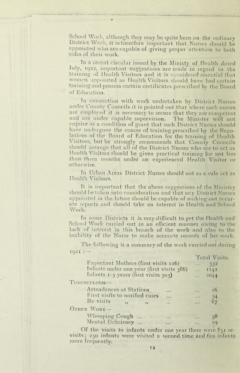 School Work, although they may be quite keen on the ordinary District Work, it is therefore important that Nurses should be appointed who are capable of giving proper attention to both sides of their work. In a recent circular issued by the Ministy of Health dated July, 1922, important suggestions are made in regard to the training of Health Visitors and it is c.nsidcred essential that women appointed as Health Visitors should have had certain training and possess certain certificates prescribed b\ the Board of Education. In connection with work undertaken by District Nurses under County Councils it is pointed out that where such nurses are employed it is necessary to secure that they are competent and are under capable supervision. The Minister will not require as a condition of grant that such District Nurses should have undergone the course of training prescribed by the Regu- lations of the Board of Education for the training of Health Visitors, but he strongly recommends that County Councils should arrange that all of the District Nurses who are to act as Health Visitors should be given practical training for not less than three months under an experienced Health Visitor or otherwise. In Urban Areas District Nurses should not as a rule act as Health Visitors. It is important that the above suggestions of the Ministry should betaken into consideration and that any District Nurses appointed in the future should be capable of making out accur- ate reports and should take an interest in Health and School Work. In some Districts it is very difficult to get the Health and School Work carried out in an efficient manner owing to the lack of interest in this branch of the work and also to the inability of the Nurse to make accurate records of her work. 'flic following is a summary of the work carried out during 1921 :— Total Visits. Expectant Mothers (first visits 126) ... 332 Infants under one year (first visits 386) ... 1142 Infants 1-5 years (first visits 303) ... 20^4 Tuberculosis— Attendances at Stations. ... ... 26 First visits to notified cases ... ... .54 Re-visits ,, ,, ... ... 67 Other Work— Whooping Cough ... ... ... 58 Mental Deficiency ... ... ... 29 Of the visits to infants under one year there were 851 re- visits; 250 infants were visited a second time and 601 infants more frequently. T 2