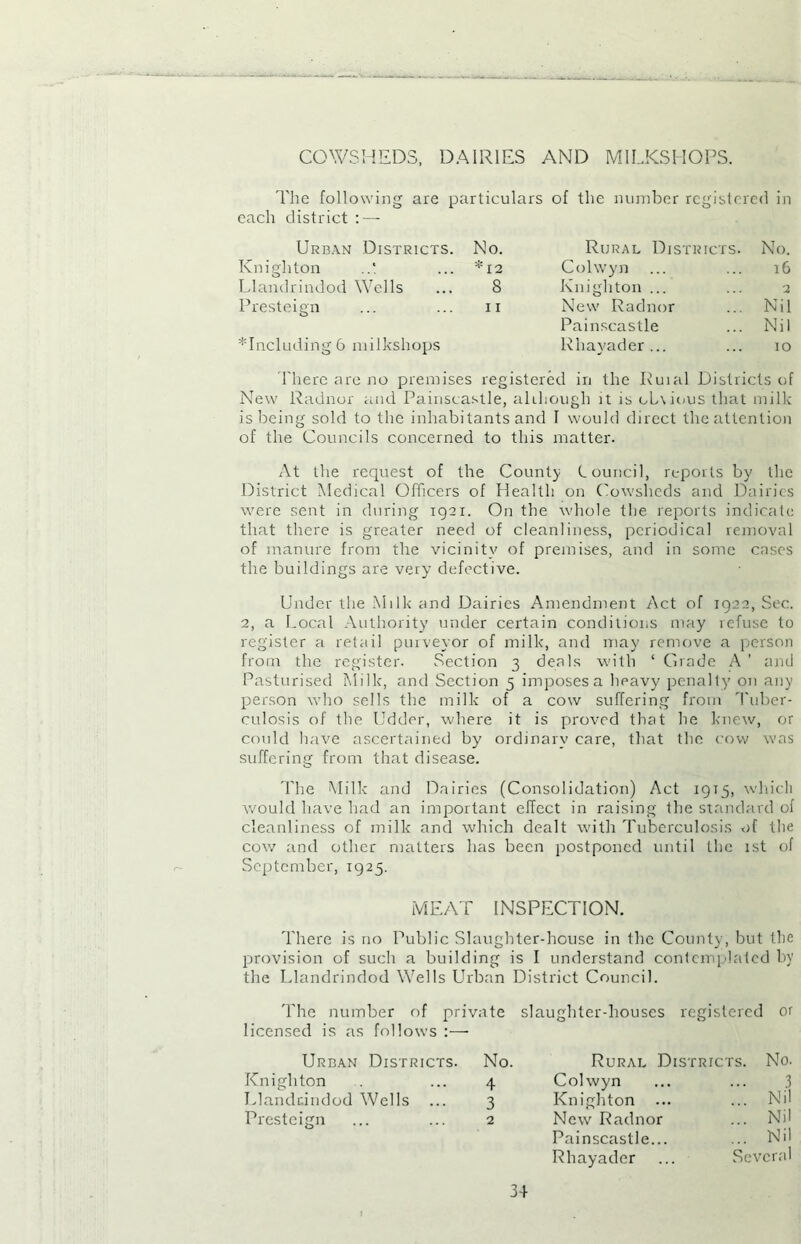 COWSHEDS, DAIRIES AND MILKSHOPS. The following are particulars of the number registered in each district : — Urban Districts. No. Rural Districts No. Knighton *12 Colwyn 16 Llandrindod Wells 8 Knighton ... 2 Presteign 11 New Radnor Nil Painscastle Nil including 6 milkshops Rhayader... 10 There are no premises registered in the Ruial Disti icts of New Radnor and Painscastle, although it is oL\ious that milk is being sold to the inhabitants and I would direct the attention of the Councils concerned to this matter. At the request of the County Council, reports by the District Medical Officers of Health on Cowsheds and Dairies were sent in during 1921. On the whole the reports indicate that there is greater need of cleanliness, periodical removal of manure from the vicinity of premises, and in some cases the buildings are very defective. Under the Milk and Dairies Amendment Act of 1922, Sec. 2, a Local Authority under certain conditions may refuse to register a retail purveyor of milk, and may remove a person from the register. Section 3 deals with ‘ Grade A ’ and Pasturised Milk, and Section 5 imposes a heavy penalty on any person who sells the milk of a cow suffering from Tuber- culosis of the Udder, where it is proved that he knew, or could have ascertained by ordinary care, that the cow was suffering from that disease. 'Fhe Milk and Dairies (Consolidation) Act 1915, which would have had an important effect in raising the standard of cleanliness of milk and which dealt with Tuberculosis of the cow and other matters has been postponed until the 1st of September, 1925. MEAT INSPECTION. There is no Public Slaughter-house in the County, but the provision of such a building is I understand contemplated by the Llandrindod Wells Urban District Council. The number of private slaughter-houses registered or licensed is as follows :— Urban Districts. No. Knighton ... 4 Llandrindod Wells ... 3 Presteign ... ... 2 Rural District Colwyn Knighton ... New Radnor Painscastle... Rhayader No. 3 Nil Nil Nil Several