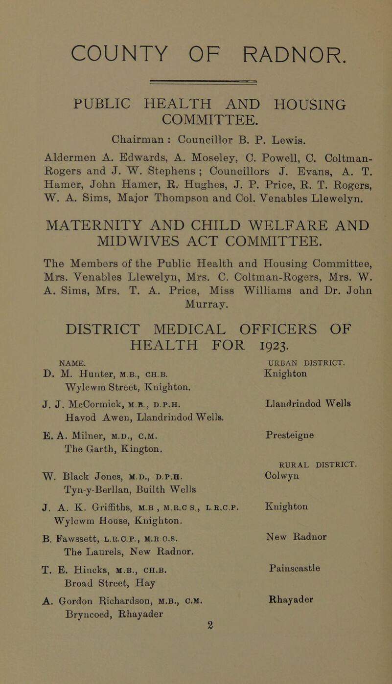 COUNTY OF RADNOR. PUBLIC HEALTH AND HOUSING COMMITTEE. Chairman : Councillor B. P. Lewis. Aldermen A. Edwards, A. Moseley, C. Powell, C. Coltman- Rogers and J. W. Stephens ; Councillors J. Evans, A. T. Hamer, John Hamer, R. Hughes, J. P. Price, R. T. Rogers, W. A. Sims, Major Thompson and Col. Venables Llewelyn. MATERNITY AND CHILD WELFARE AND MIDWIVES ACT COMMITTEE. The Members of the Public Health and Housing Committee, Mrs. Venables Llewelyn, Mrs. C. Coltman-Rogers, Mrs. W. A. Sims, Mrs. T. A. Price, Miss Williams and Dr. John Murray. DISTRICT MEDICAL OFFICERS OF HEALTH FOR 1923. NAME. D. M. Hunter, m b., ch.b. Wylcwra Street, Knighton. J. J. McCormick, m b., d.p.h. Havod Awen, Llandrindod Wells. URBAN DISTRICT. Knighton Llandrindod Wells E. A. Milner, m.d., C.m. The Garth, Kington. W. Black Jones, m.d., d.p.h. Tyn-y-Berllan, Builth Wells J. A. K. Griffiths, m.b , m.r.c s., Wylcwm House, Knighton. B. Fawssett, l.r.C.p., m.r c.s. The Laurels, New Radnor. T. E. Hincks, m.b., ch.b. Broad Street, Hay A. Gordon Richardson, M.B., c.m. Bryncoed, Rhayader Presteigne RURAL DISTRICT. Colwyn L R.C.P. Knighton New Radnor Painscastle Rhayader