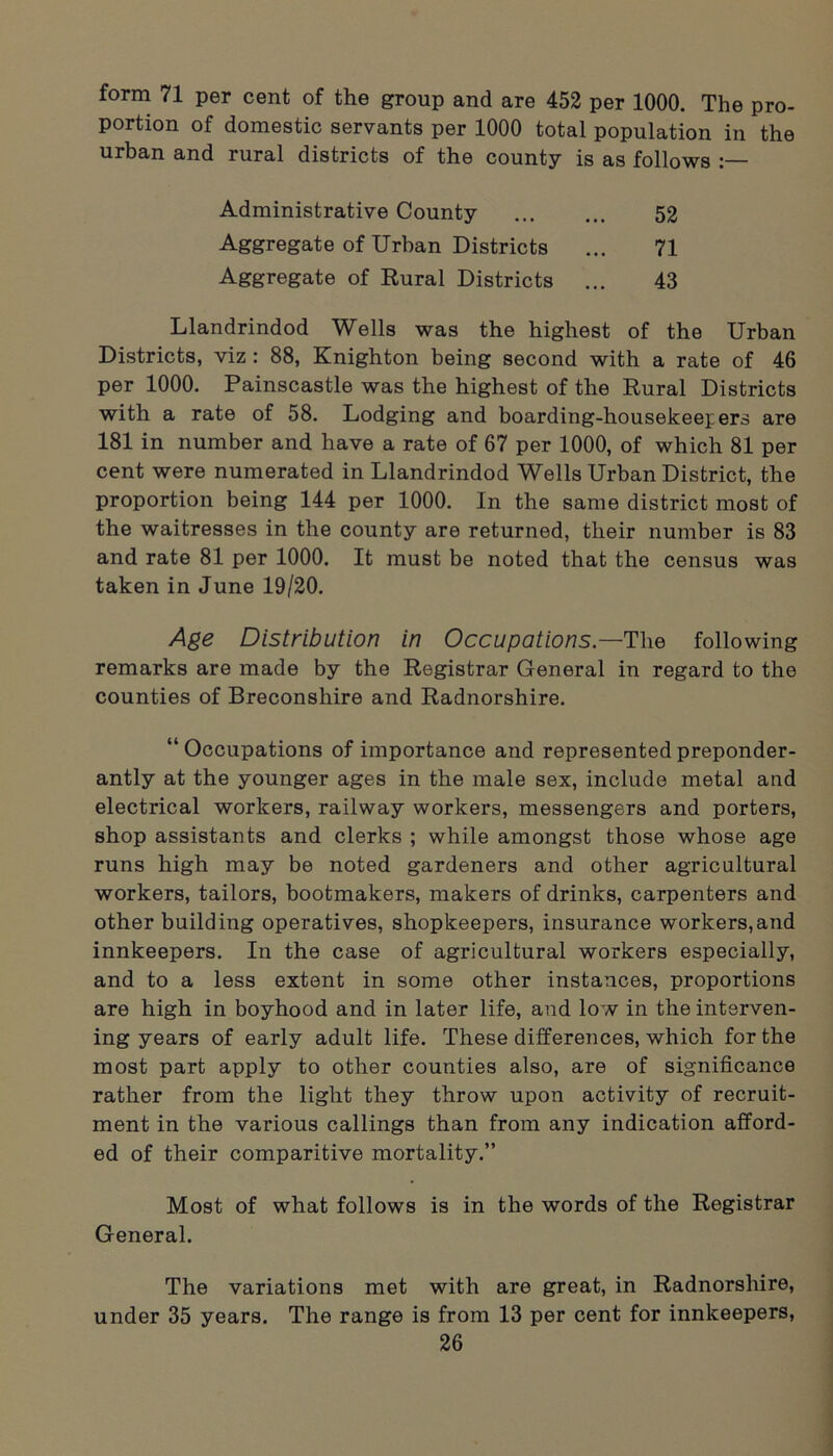 form 71 per cent of the group and are 452 per 1000. The pro- portion of domestic servants per 1000 total population in the urban and rural districts of the county is as follows :— Administrative County 52 Aggregate of Urban Districts ... 71 Aggregate of Rural Districts ... 43 Llandrindod Wells was the highest of the Urban Districts, viz : 88, Knighton being second with a rate of 46 per 1000. Painscastle was the highest of the Rural Districts with a rate of 58. Lodging and boarding-housekeepers are 181 in number and have a rate of 67 per 1000, of which 81 per cent were numerated in Llandrindod Wells Urban District, the proportion being 144 per 1000. In the same district most of the waitresses in the county are returned, their number is 83 and rate 81 per 1000. It must be noted that the census was taken in June 19/20. Age Distribution in Occupations —The following remarks are made by the Registrar General in regard to the counties of Breconshire and Radnorshire. “Occupations of importance and represented preponder- antly at the younger ages in the male sex, include metal and electrical workers, railway workers, messengers and porters, shop assistants and clerks ; while amongst those whose age runs high may be noted gardeners and other agricultural workers, tailors, bootmakers, makers of drinks, carpenters and other building operatives, shopkeepers, insurance workers,and innkeepers. In the case of agricultural workers especially, and to a less extent in some other instances, proportions are high in boyhood and in later life, and low in the interven- ing years of early adult life. These differences, which for the most part apply to other counties also, are of significance rather from the light they throw upon activity of recruit- ment in the various callings than from any indication afford- ed of their comparitive mortality.” Most of what follows is in the words of the Registrar General. The variations met with are great, in Radnorshire, under 35 years. The range is from 13 per cent for innkeepers,