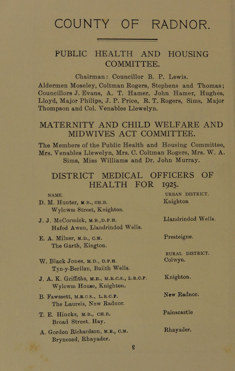 COUNTY OF RADNOR. PUBLIC HEALTH AND HOUSING COMMITTEE. Chairman: Councillor B. P. Lewis. Aldermen Moseley, Coltman Rogers, Stephens and Thomas; Councillors J. Evans, A. T. Hamer, John Hamer, Hughes, Lloyd, Major Philips, J. P. Price, R. T. Rogers, Sims, Major Thompson and Col. Venables Llewelyn. MATERNITY AND CHILD WELFARE AND MIDWIVES ACT COMMITTEE. The Members of the Public Health and Housing Committee, Mrs. Venables Llewelyn, Mrs. C. Coltman Rogers, Mrs. W. A. Sims, Miss Williams and Dr. John Murray. DISTRICT MEDICAL OFFICERS OF HEALTH FOR 1925- NAME. D. M. Hunter, m b., ch.b. Wylcwm Street, Knighton. J. J. McCormick, m.b.,d.p.h. Hafod Awen, Llandrindod Wells. E. A. Milner, m.d., c.m. The Garth, Kington. W. Black Jones, m.d., d.p.h. Tyn-y-Berllan, Builth Wells. J. A. K. Griffiths, m.b., m.r.c.s., l.r.c.p. Wylcwm House, Knighton. B. Fawssett, m.r.c.s., l.r.c.p. The Laurels, New Radnor. T. E. Hincks, m.b., ch.b. Broad Street. Hay. A. Gordon Richardson, M.B., C.M. Bryncoed, Rhayader. URBAN DISTRICT. Knighton Llandrindod Wells. Presteigne. RURAL DISTRICT. Colwyn. Knighton. New Radnor. Painscastle Rhayader.