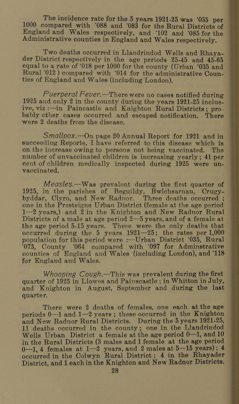 The incidence rate for the 5 years 1921-25 was '055 per 1000 compared with ‘088 and ’083 for the Rural Districts of England and Wales respectively, and 102 and '085 for the Administrative counties in England and Wales respectively. Two deaths occurred in Llandrindod Wells and Rhaya- der District respectively in the age periods 25-45 and 45-65 equal to a rate of '018 per 1000 for the county (Urban '035 and Rural '012 ) compared with '014 for the administrative Coun- ties of England and Wales (including London). Puerperal Fever.—There were no cases notified during 1925 and only 2 in the county during the years 1921-25 inclus- ive, viz :—in Paincastle and Knighton Rural Districts ; pro • bably other cases occurred and escaped notification. There were 2 deaths from the disease. Smallpox.—On page 20 Annual Report for 1921 and in succeeding Reports, I have referred to this disease which is on the increase owing to persons not being vaccinated. The number of unvaccinated children is increasing yearly; 41 per cent of children medically inspected during 1925 were un- vaccinated. Measles.—Was prevalent during the first quarter of 1925, in the parishes of Beguildy, Bwlchsarnau, Crugy- byddar, Clyro, and New Radnor. Three deaths occurred ; one in the Presteigne Urban District (female at the age period 1—2 years,) and 2 in the Knighton and New Radnor Rural Districts of a male at age period 2—5 years, and of a female at the age period 5-15 years. These were the only deaths that occurred during the 5 years 1921—25; the rates per 1,000 population for this period were :—Urban District '035, Rural *073, County '064 compared with '097 for Adminstrative counties of England and Wales (including London), and *118 for England and Wales. Whooping Cough.—This was prevalent during the first quarter of 1925 in Llowes and Painscastle ; in Whitton in July, and Knighton in August, September and during the last quarter. There were 2 deaths of females, one each at the age periods 0—1 and 1—2 years ; these occurred in the Knighton and New Radnor Rural Districts. During the 5 years 1921-25, 11 deaths occurred in the county; one in the Llandrindod Wells Urban District a female at the age period 0—1, and 10 in the Rural Districts (3 males and 1 female at the age period 0—1, 4 females at 1—2 years, and 2 males at 5—15 years); 4 occurred in the Colwyn Rural District ; 4 in the Rhayader District, and 1 each in the Knighton and New Radnor Districts.