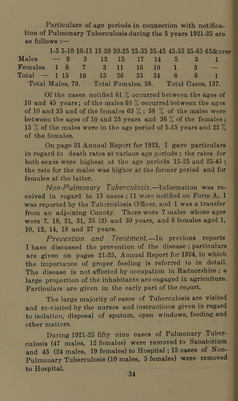 Particulars of age periods in connection with notifica- tion of Pulmonary Tuberculosis during the 5 years 1921-25 are as follows :— 1-5 5-10 10-15 15 20 20-25 25-35 35-45 45-55 55-65 65&over Males — 9 3 12 15 17 14 5 3 1 Females 1 6 7 3 11 16 10 1 3 — Total — 1 15 10 15 26 33 24 6 6 1 Total Males, 79. Total Females, 58. Total Cases, 137. Of the cases notified 61 % occurred between the ages of 10 and 45 years; of the males 60 % occurred between the ages of 10 and 35 and of the females 63 % ; 38 % of the males were between the ages of 10 and 25 years and 36 % of the females ; 15 % of the males were in the age period of 5-15 years and 22 % of the females. On page 31 Annual Report for 1923, I gave particulars in regard to death rates at various age periods ; the rates for both sexes were highest at the age periods 15-25 and 25-45 ; the rate for the males was higher at the former period and for females at the latter. Non-Pulmonary Tuberculosis.—Information was re- ceived in regard to 13 cases ; 11 were notified on Form A, 1 was reported by the Tuberculosis Officer, and 1 was a transfer from an adjoining County. There were 7 males whose ages were 7, 18, 21, 31, 35 (2) and 39 years, and 6 females aged 1, 10, 12, 14, 18 and 27 years. Preuention and Treatment.—In previous reports I have discussed the prevention of the disease ; particulars are given on pages 21-25, Annual Report for 1924, in which the importance of proper feeding is referred to in detail. The disease is not affected by occupation in Radnorshire ; a large proportion of the inhabitants are engaged in agriculture. Particulars are given in the early part of the report. The large majority of cases of Tuberculosis are visited and re-visited by the nurses and instructions given in regard to isolation, disposal of sputum, open windows, feeding and other matters. During 1921-25 fifty nine cases of Pulmonary Tuber- culosis (47 males, 12 females) were removed to Sanatorium and 43 (24 males, 19 females) to Hospital ; 15 cases of Non- Pulmonary Tuberculosis (10 males, 5 females) were removed to Hospital.