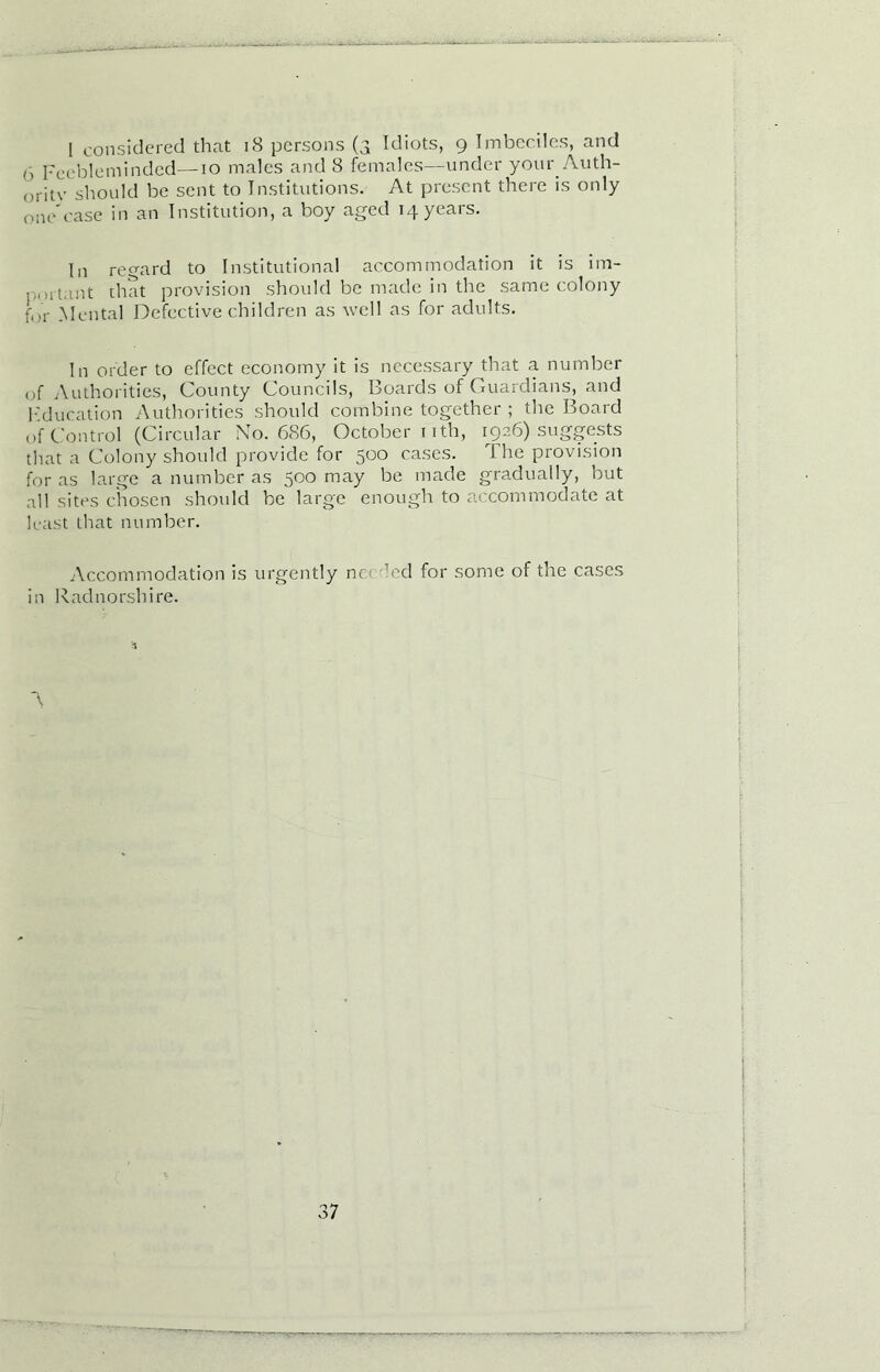 I considered that 18 persons (3 Idiots, 9 Imbeciles, and i) Feebleminded—10 males and 8 females—under your Auth- oritv should be sent to Institutions. At present there is only one'case in an Institution, a boy aged 14years. In regard to Institutional accommodation it is im- portant that provision should be made in the same colony for Mental Defective children as well as for adults. In order to effect economy it is necessary that a number of Authorities, County Councils, Boards of Guardians, and Fducation Authorities should combine together ; the Board of Control (Circular No. 686, October nth, 1926) suggests that a Colony should provide for 500 cases. The provision for as large a number as 500 may be made gradually, but all sites chosen should be large enough to accommodate at least that number. Accommodation is urgently net V.d for some of the cases in Radnorshire. \