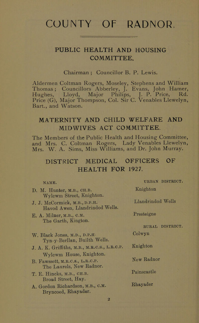 COUNTY OF RADNOR. PUBLIC HEALTH AND HOUSING COMMITTEE. Chairman ; Councillor B. P. Lewis. Aldermen Coltman Rogers, Moseley, Stephens and William Thomas ; Councillors Abberley, J. Evans, John Hamer, Hughes, Lloyd, Major Philips, J. P. Price, Rd. Price (G), Major Thompson, Col. Sir C. Venables Llewelyn, Bart., and Watson. MATERNITY AND CHILD WELFARE AND MIDWIVES ACT COMMITTEE. The Members of the Public Health and Housing Committee, and Mrs. C. Coltman Rogers, Lady Venables Llewelyn, Mrs. W. A. Sims, Miss Williams, and Dr. John Murray. DISTRICT MEDICAL OFFICERS OF HEALTH FOR 1927. NAME. D. M. Hunter, m.b., ch.b. Wylcwm Street, Knighton. J. J. McCormick, m.b., d.p.h. Havod A wen, Llandrindod Wells. E. A. Milner, m.b., c.m. The Garth, Kington. W. Black Jones, m.d., d.p.h Tyn-y-Berllan, Builth Wells. J. A. K. Griffiths, m.b., m.r.c.s., l.r.o.p. Wylcwm House, Knighton. B. Pawssett, m.r.c.s., l.r.c.p. The Laurels, New Radnor. T. E. Hincks, m.b., ch.b. Broad Street, Hay. A. Gordon Richardson, m.b., c.m. Bryncoed, Rhayader. URBAN DISTRICT. Knighton Llandrindod Wells Presteigne RURAL DISTRICT. Colwyn Knighton New Radnor Painscastle Rhayader