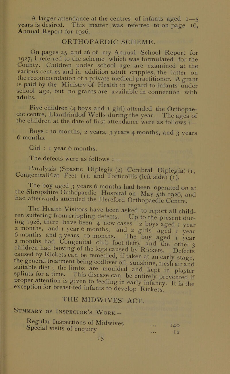 A larger attendance at the centres of infants aged i—5 years is desired. This matter was referred to on page 16, Annual Report for 1926. ORTHOPAEDIC SCHEME. On pages 25 and 26 of my Annual School Report for 1927, I referred to the scheme which was formulated for the County. Children under school age are examined at the various centres and in addition adult cripples, the latter on the recommendation of a private medical practitioner. A grant is paid by the Ministry of Health in regard to infants under school age, but no grants are available in connection with adults. Five children (4 boys and 1 girl) attended the Orthopae- dic centre, Llandrindod Wells during the year. The ages of the children at the date of first attendance were as follows :— Boys : 10 months, 2 years, 3 years 4 months, and 3 years 6 months. Girl : 1 year 6 months. 1'he defects were as follows :— Paralysis (Spastic Diplegia (2) Cerebral Diplegia) (1, CongemtalFlat Feet (1), and Torticollis (left side) (1). The boy aged 3 years 6 months had been operated on at the Shropshire Orthopaedic Hospital on May 5th 1926 and had afterwards attended the Hereford Orthopaedic Centre. The Health Visitors have been asked to report all child- ren suffering from crippling defects. Up to the present dur- mg 1928, there have been 4 new cases--2 boys acred 1 year 2 months, and 1 year 6 months, and 2 girls aged 1 year 6 months and 3 years 10 months. The boy aged 1 year 2 months had Congenital club foot (left), and the other 3 children had bowing of the legs caused by Rickets. Defects caused by Rickets can be remedied, if taken at an early stafre the general treatment being codliver oil, sunshine, treshairand suitable diet ; the limbs are moulded and kept in plaster splints for a time. This disease can be entirely prevented if proper attention is given to feeding in early infancy. It is the exception for breast-fed infants to develop Rickets. THE MIDWIVES’ ACT. Summary of Inspector’s Work — Regular Inspections of Midwives Iz.0 Special visits of enquiry (