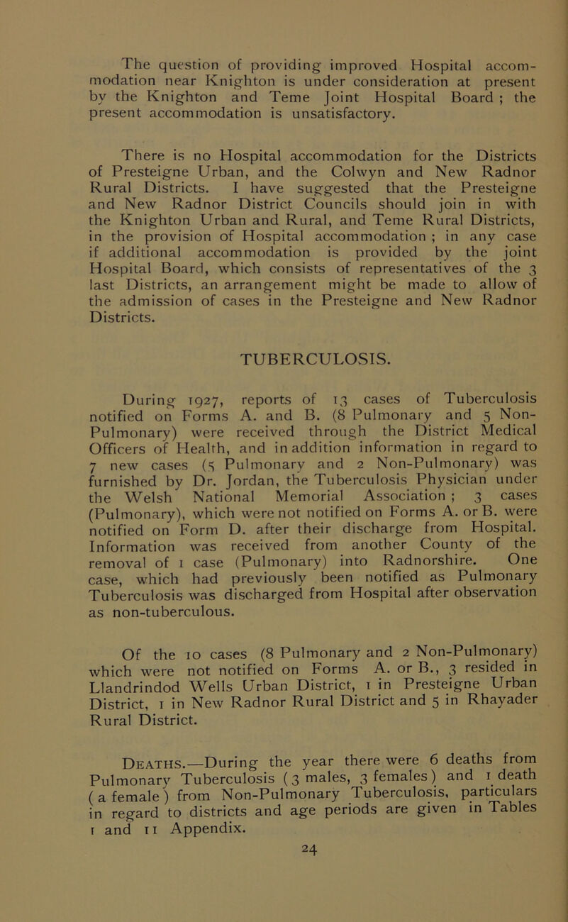 The question of providing improved Hospital accom- modation near Knighton is under consideration at present by the Knighton and Teme Joint Hospital Board ; the present accommodation is unsatisfactory. There is no Hospital accommodation for the Districts of Presteigne Urban, and the Colwyn and New Radnor Rural Districts. I have suggested that the Presteigne and New Radnor District Councils should join in with the Knighton Urban and Rural, and Teme Rural Districts, in the provision of Hospital accommodation ; in any case if additional accommodation is provided by the joint Hospital Board, which consists of representatives of the 3 last Districts, an arrangement might be made to allow of the admission of cases in the Presteigne and New Radnor Districts. TUBERCULOSIS. During 1927, reports of 13 cases of Tuberculosis notified on Forms A. and B. (8 Pulmonary and 5 Non- Pulmonary) were received through the District Medical Officers of Health, and in addition information in regard to 7 new cases (S Pulmonary and 2 Non-Pulmonary) was furnished by Dr. Jordan, the Tuberculosis Physician under the Welsh National Memorial Association ; 3 cases (Pulmonary), which were not notified on Forms A. orB. were notified on Form D. after their discharge from Hospital. Information was received from another County of the removal of 1 case (Pulmonary) into Radnorshire. One case, which had previously been notified as Pulmonary Tuberculosis was discharged from Hospital after observation as non-tuberculous. Of the 10 cases (8 Pulmonary and 2 Non-Pulmonary) which were not notified on Forms A. or B., 3 resided in Llandrindod Wells Urban District, 1 in Presteigne Urban District, 1 in New Radnor Rural District and 5 in Rhayader Rural District. Deaths.—During the year there were 6 deaths from Pulmonary Tuberculosis (3 males, 3 females) and 1 death ( a female ) from Non-Pulmonary Tuberculosis, particulars in regard to districts and age periods are given in Tables [ and 11 Appendix.
