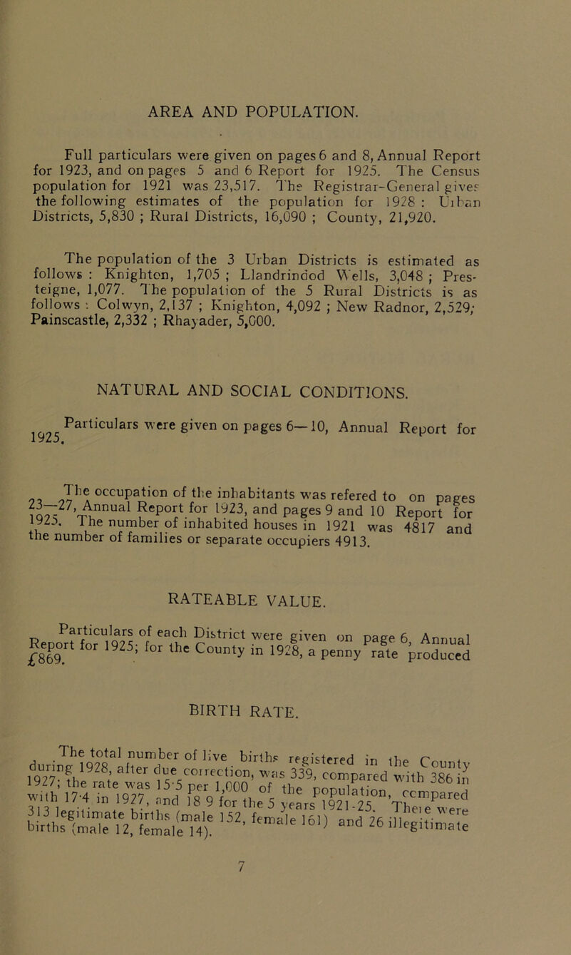 AREA AND POPULATION. Full particulars were given on pages 6 and 8, Annual Report for 1923, and on pages 5 and 6 Report for 1925. The Census population for 1921 was 23,517. The Registrar-General gives the following estimates of the population for 1928: Uiban Districts, 5,830 ; Rural Districts, 16,090 ; County, 21,920. The population of the 3 Urban Districts is estimated as follows : Knighton, 1,705 ; Llandrindod Wells, 3,048 ; Pres- teigne, 1,077. The population of the 5 Rural Districts is as follows : Colwyn, 2,137 ; Knighton, 4,092 ; New Radnor, 2,529; Painscastle, 2,332 ; Rhayader, 5,000. NATURAL AND SOCIAL CONDITIONS. Particulars were given on pages 6—10, Annual Report for 1 ,, The occupation of the inhabitants was refered to on pages !Q^27,4nnUal ?epOT} for ly23> and pages 9 and 10 Report for 1 he number of inhabited houses in 1921 was 4817 and the number of families or separate occupiers 4913. RATEABLE VALUE. Report for ^9*2 S-°t 2istrict wer® Siven on Page 6, Annual Keport for 1925, for the County in 1928, a penny rate produced BIRTH RATE. durirTJ’l9t2Ti^rTr°n:Ve bir!h-' S-'^red in the County i qtv fhi 28,’ due cot reel ion, was 339, compared with 386 in 17 4mei9?7: i»d fsVfoMhel ri /