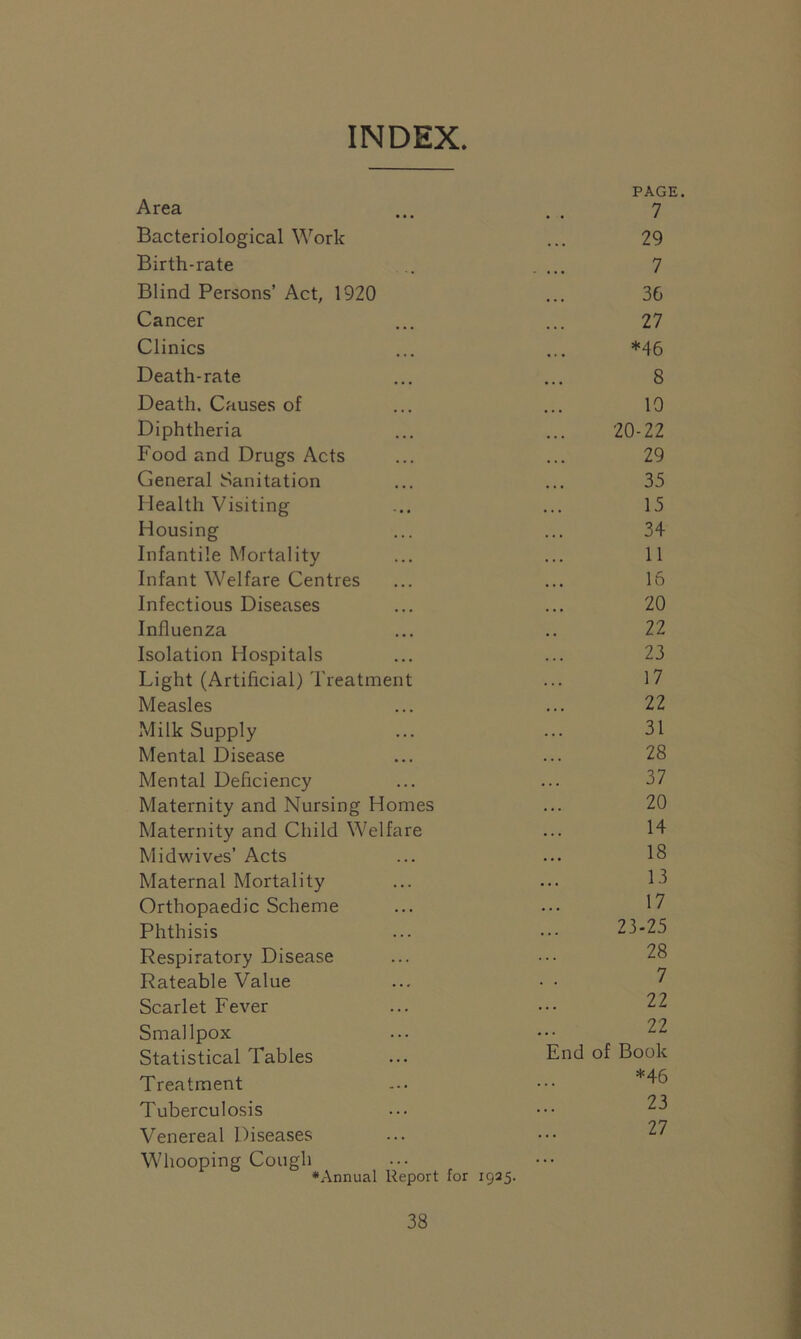 INDEX Area PAGE. 7 Bacteriological Work • • « 29 Birth-rate 7 Blind Persons’ Act, 1920 36 Cancer 27 Clinics *46 Death-rate • • • 8 Death. Causes of 10 Diphtheria • • • 20-22 Food and Drugs Acts ... 29 General Sanitation ... 35 Health Visiting • • • 15 Housing . . . 34 Infantile Mortality • . • 11 Infant Welfare Centres • • • 16 Infectious Diseases • • • 20 Influenza 22 Isolation Hospitals . . . 23 Light (Artificial) Treatment . . . 17 Measles . . . 22 Milk Supply . . . 31 Mental Disease . . . 28 Mental Deficiency . . . 37 Maternity and Nursing Homes . . . 20 Maternity and Child Welfare . . . 14 Midwives’ Acts . . . 18 Maternal Mortality . . . 13 Orthopaedic Scheme . . . 17 Phthisis . . . 23-25 Respiratory Disease ... 28 Rateable Value 7 Scarlet Fever ... 22 Smallpox ... 22 Statistical Tables End of Book Treatment ... *46 Tuberculosis ... 23 Venereal Diseases Whooping Cough ♦Annual Report for 1925. ... 27