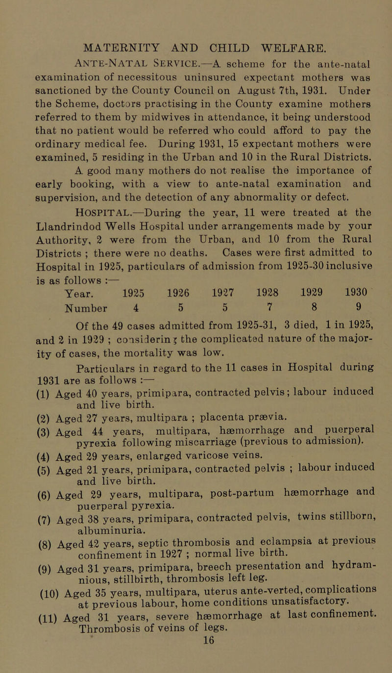 MATERNITY AND CHILD WELFARE. Ante-Natal Service.—a scheme for the ante-natal examination of necessitous uninsured expectant mothers was sanctioned by the County Council on August 7th, 1931. Under the Scheme, doctors practising in the County examine mothers referred to them by midwives in attendance, it being understood that no patient would be referred who could afford to pay the ordinary medical fee. During 1931, 15 expectant mothers were examined, 5 residing in the Urban and 10 in the Rural Districts. A good many mothers do not realise the importance of early booking, with a view to ante-natal examination and supervision, and the detection of any abnormality or defect. HOSPITAL.—During the year, 11 were treated at the Llandrindod Wells Hospital under arrangements made by your Authority, 2 were from the Urban, and 10 from the Rural Districts ; there were no deaths. Cases were first admitted to Hospital in 1925, particulars of admission from 1925-30 inclusive is as follows :— Year. 1925 1926 1927 1928 1929 1930 Number 4 5 5 7 8 9 Of the 49 cases admitted from 1925-31, 3 died, 1 in 1925, and 2 in 1929 ; considerin ; the complicated nature of the major- ity of cases, the mortality was low. Particulars in regard to the 11 cases in Hospital during 1931 are as follows :— (1) Aged 40 years, primipara, contracted pelvis; labour induced and live birth. (2) Aged 27 years, multipara ; placenta praevia. (3) Aged 44 years, multipara, haemorrhage and puerperal pyrexia following miscarriage (previous to admission). (4) Aged 29 years, enlarged varicose veins. (5) Aged 21 years, primipara, contracted pelvis ; labour induced and live birth. (6) Aged 29 years, multipara, post-partum haemorrhage and puerperal pyrexia. (7) Aged 38 years, primipara, contracted pelvis, twins stillborn, albuminuria. (8) Aged 42 years, septic thrombosis and eclampsia at previous confinement in 1927 ; normal live birth. (9) Aged 31 years, primipara, breech presentation and hydram- nious, stillbirth, thrombosis left leg. (10) Aged 35 years, multipara, uterus ante-verted, complications at previous labour, home conditions unsatisfactory. (11) Aged 31 years, severe haemorrhage at last confinement. Thrombosis of veins of legs.