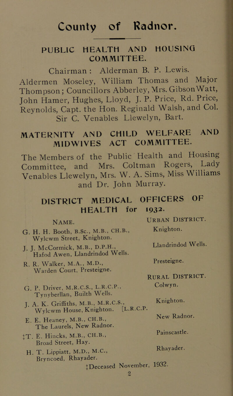 County of Radnor* PUBLIC HEALTH AND HOUSING COMMITTEE. Chairman : Alderman B. P. Lewis. Aldermen Moseley, William Thomas and Major Thompson; Councillors Abberley, Mrs. Gibson Watt, John Hamer, Hughes, Lloyd, J. P. Price, Rd. Piice, Reynolds, Capt. the Hon. Reginald Walsh, and Col. Sir C. Venables Llewelyn, Bart. MATERNITY AND CHILD WELFARE AND MIDWIVES ACT COMMITTEE. The Members of the Public Health and Housing Committee, and Mrs. Coltman Rogers, Lady Venables Llewelyn, Mrs. W. A. Sims, Miss Williams and Dr. John Murray. DISTRICT MEDICAL OFFICERS OF HEALTH for 1932. Name. G. H. H. Booth, B.Sc., M.B., CH.B., Wylcwm Street, Knighton. J. J. McCormick, M.B., D.P.H., Hafod Awen, Llandrindod Wells. R. R. Walker, M.A., M.D., Warden Court, Presteigne. G. P. Driver, M.R.C.S., L.R.C.P., Tynyberllan, Builth Wells. J. A. K. Griffiths, M.B., M.R.C.S., Wylcwm House, Knighton. [L. E. E. Heaney, M.B., CH.B., The Laurels, New Radnor. + T. E. Hincks, M.B., CH.B., Broad Street, Hay. H. T. Lippiatt, M.D., M.C., Bryncoed, Rhayader. ^Deceased URBAN DISTRICT. Knighton. Llandrindod Wells. Presteigne. RURAL DISTRICT. Colwyn. Knighton. New Radnor. Painscastle. Rhayader. November, 1932.