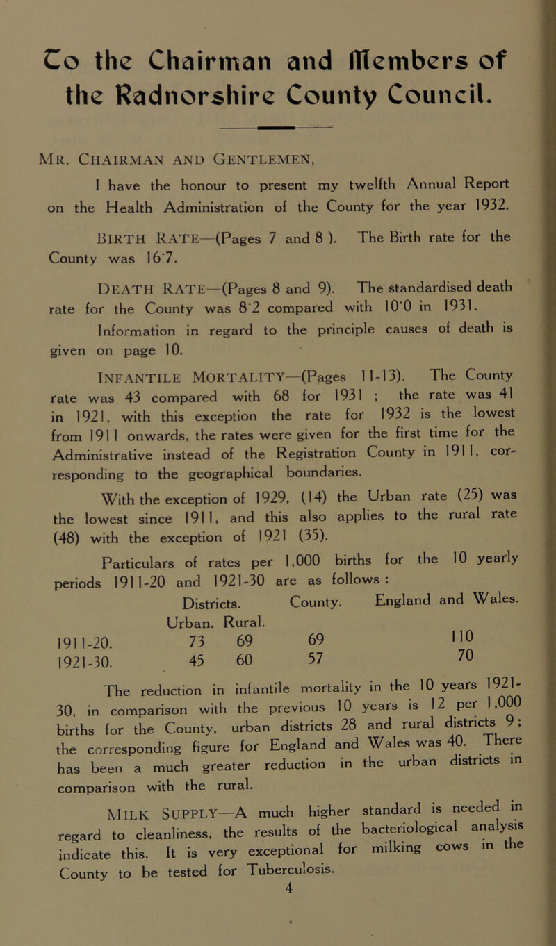 Co the Chairman and ffiembers of the Radnorshire County Council. Mr. Chairman and Gentlemen, I have the honour to present my twelfth Annual Report on the Health Administration of the County for the year 1932. BIRTH Rate—(Pages 7 and 8 ). The Birth rate for the County was 167. Death Rate—(Pages 8 and 9). The standardised death rate for the County was 8’2 compared with 10 0 in 1931. Information in regard to the principle causes of death is given on page 10. Infantile Mortality—(Pages 11-13). The County rate was 43 compared with 68 for 1931 ; the rate was 41 in 1921, with this exception the rate for 1932 is the lowest from 1911 onwards, the rates were given for the first time for the Administrative instead of the Registration County in 1911, cor- responding to the geographical boundaries. With the exception of 1929, (14) the Urban rate (25) was the lowest since 1911, and this also applies to the rural rate (48) with the exception of 1921 (35). Particulars of rates per 1,000 births for the 10 yearly periods 191 1-20 and 1921-30 are as follows : Districts. County. England and Wales. Urban. Rural. 1911-20. 73 69 69 11° 1921-30. 45 60 57 70 The reduction in infantile mortality in the 10 years 1921- 30, in comparison with the previous 10 years is 12 per 1,000 births for the County, urban districts 28 and rural districts 9; the corresponding figure for England and Wales was 40. There has been a much greater reduction in the urban districts in comparison with the rural. Milk SUPPLY—A much higher standard is needed in regard to cleanliness, the results of the bacteriological analysis indicate this. It is very exceptional for milking cows in the County to be tested for Tuberculosis.