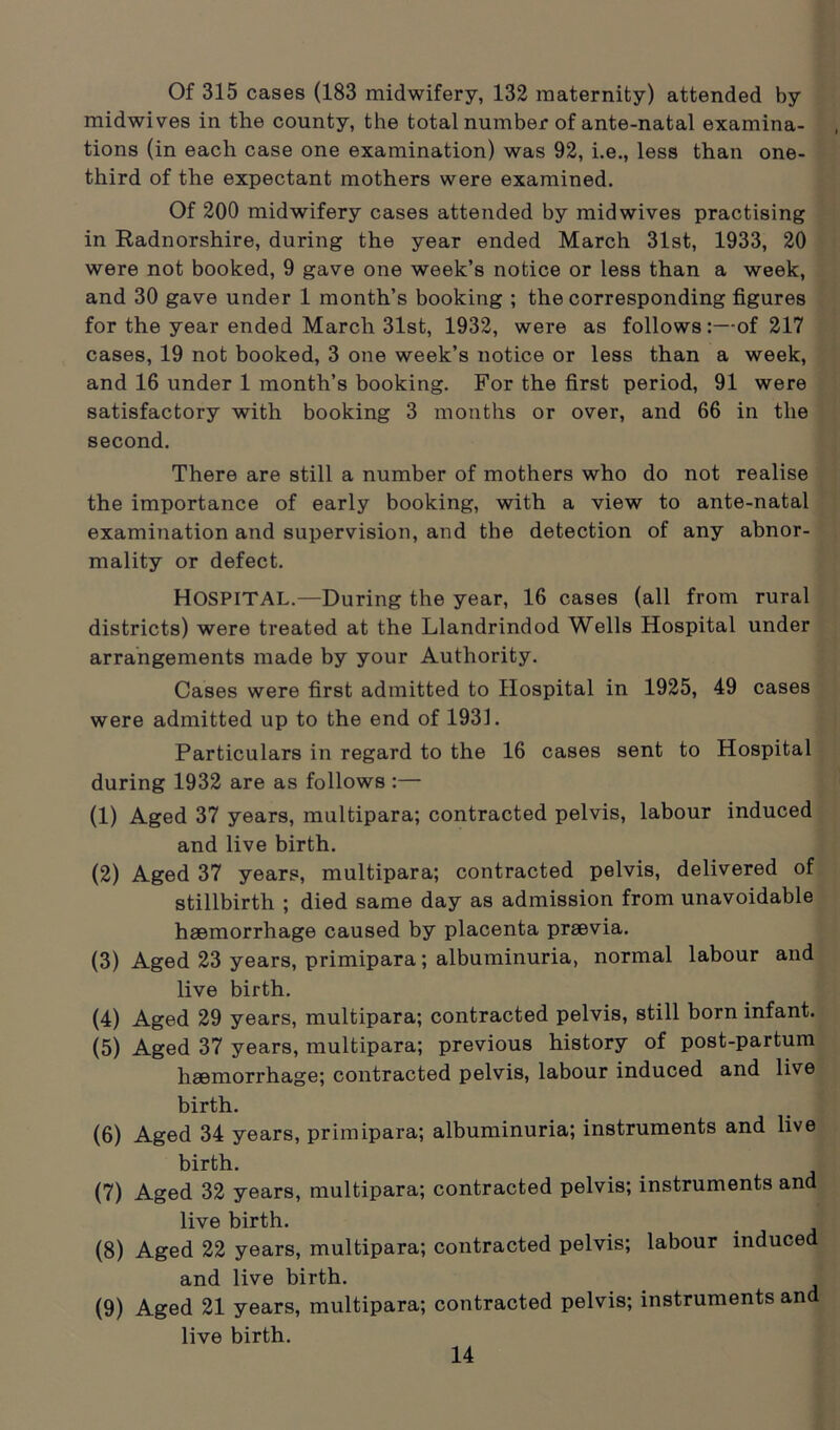 Of 315 cases (183 midwifery, 132 maternity) attended by midwives in the county, the total number of ante-natal examina- tions (in each case one examination) was 92, i.e., less than one- third of the expectant mothers were examined. Of 200 midwifery cases attended by mid wives practising in Radnorshire, during the year ended March 31st, 1933, 20 were not booked, 9 gave one week’s notice or less than a week, and 30 gave under 1 month’s booking ; the corresponding figures for the year ended March 31st, 1932, were as follows:—of 217 cases, 19 not booked, 3 one week’s notice or less than a week, and 16 under 1 month’s booking. For the first period, 91 were satisfactory with booking 3 months or over, and 66 in the second. There are still a number of mothers who do not realise the importance of early booking, with a view to ante-natal examination and supervision, and the detection of any abnor- mality or defect. HOSPITAL.—During the year, 16 cases (all from rural districts) were treated at the Llandrindod Wells Hospital under arrangements made by your Authority. Cases were first admitted to Hospital in 1925, 49 cases were admitted up to the end of 1931. Particulars in regard to the 16 cases sent to Hospital during 1932 are as follows :— (1) Aged 37 years, multipara; contracted pelvis, labour induced and live birth. (2) Aged 37 years, multipara; contracted pelvis, delivered of stillbirth ; died same day as admission from unavoidable haemorrhage caused by placenta praevia. (3) Aged 23 years, primipara; albuminuria, normal labour and live birth. (4) Aged 29 years, multipara; contracted pelvis, still born infant. (5) Aged 37 years, multipara; previous history of post-partum haemorrhage; contracted pelvis, labour induced and live birth. (6) Aged 34 years, primipara; albuminuria; instruments and live birth. (7) Aged 32 years, multipara; contracted pelvis; instruments and live birth. (8) Aged 22 years, multipara; contracted pelvis; labour induced and live birth. (9) Aged 21 years, multipara; contracted pelvis; instruments and live birth.