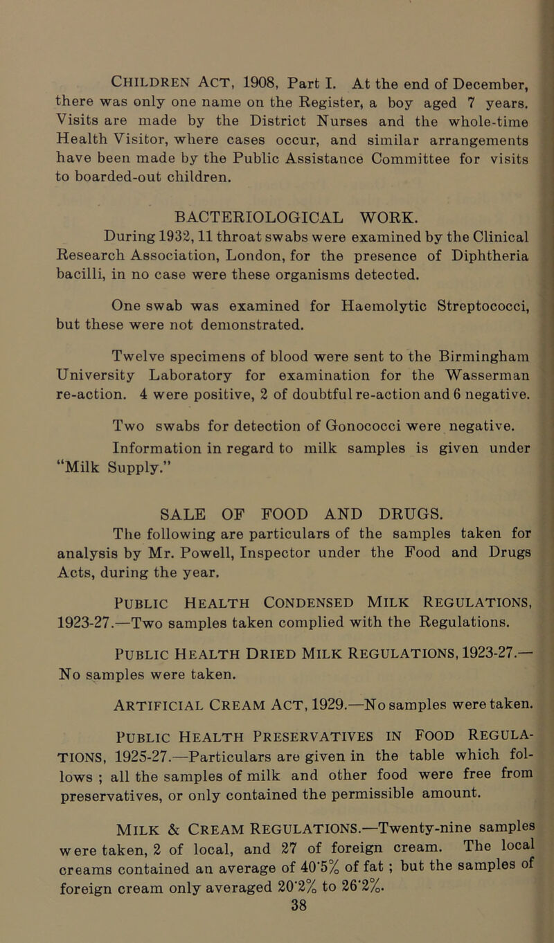 Children Act, 1908, Part I. At the end of December, there was only one name on the Register, a boy aged 7 years. Visits are made by the District Nurses and the whole-time Health Visitor, where cases occur, and similar arrangements have been made by the Public Assistance Committee for visits to boarded-out children. BACTERIOLOGICAL WORK. During 1932,11 throat swabs were examined by the Clinical Research Association, London, for the presence of Diphtheria bacilli, in no case were these organisms detected. One swab was examined for Haemolytic Streptococci, but these were not demonstrated. Twelve specimens of blood were sent to the Birmingham University Laboratory for examination for the Wasserman re-action. 4 were positive, 2 of doubtful re-action and 6 negative. Two swabs for detection of Gonococci were negative. Information in regard to milk samples is given under “Milk Supply.” SALE OF FOOD AND DRUGS. The following are particulars of the samples taken for analysis by Mr. Powell, Inspector under the Food and Drugs Acts, during the year. Public Health Condensed Milk Regulations, 1923-27.—Two samples taken complied with the Regulations. Public Health Dried Milk Regulations, 1923-27.— No samples were taken. ARTIFICIAL cream ACT, 1929.—No samples were taken. Public Health Preservatives in Food Regula- tions, 1925-27.—Particulars are given in the table which fol- lows ; all the samples of milk and other food were free from preservatives, or only contained the permissible amount. Milk & Cream Regulations.—Twenty-nine samples were taken, 2 of local, and 27 of foreign cream. The local creams contained an average of 40‘5% of fat ; but the samples of foreign cream only averaged 20'2% to 26‘2%.