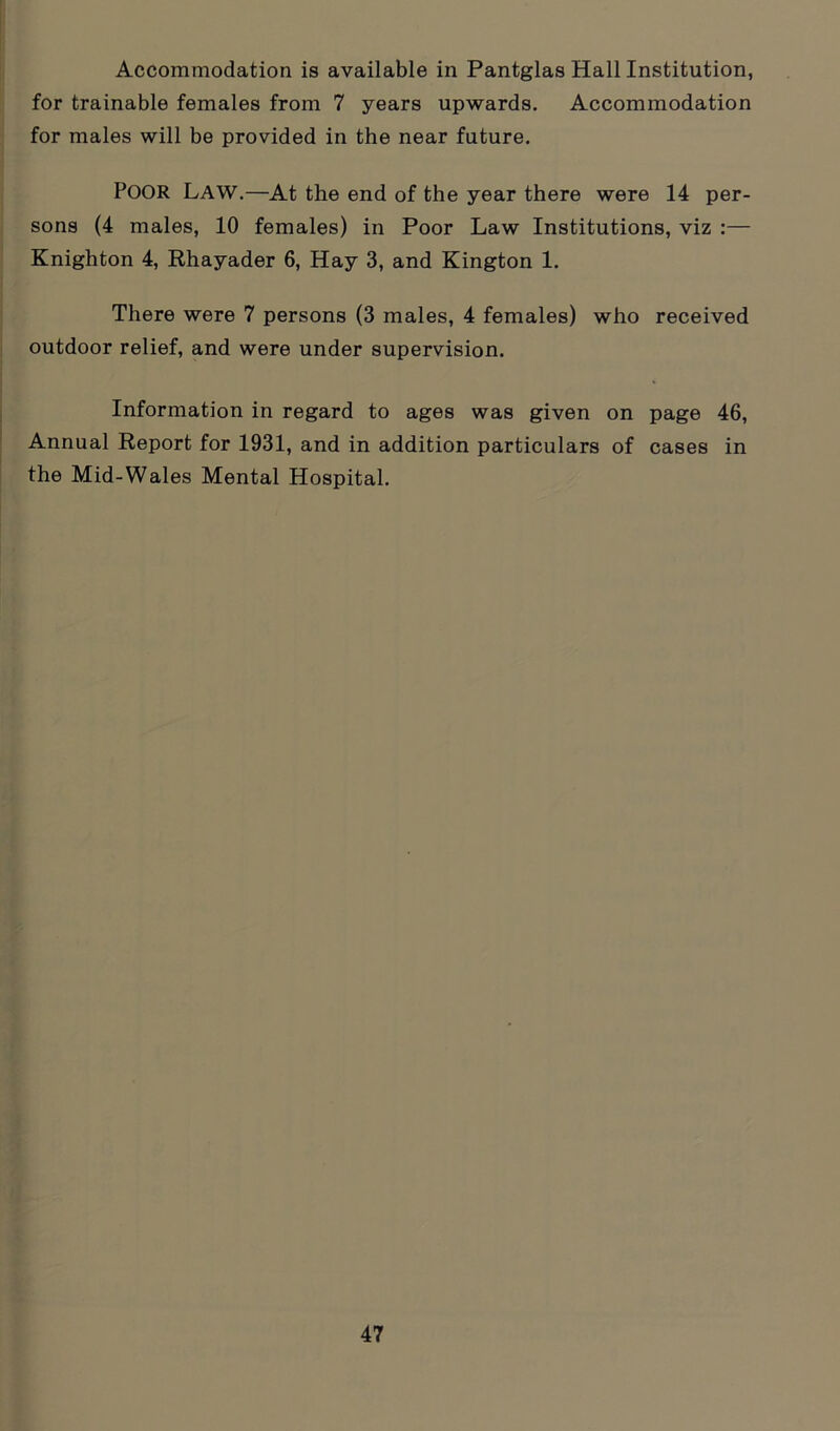 Accommodation is available in Pantglas Hall Institution, for trainable females from 7 years upwards. Accommodation for males will be provided in the near future. POOR law.—At the end of the year there were 14 per- sons (4 males, 10 females) in Poor Law Institutions, viz :— Knighton 4, Rhayader 6, Hay 3, and Kington 1. There were 7 persons (3 males, 4 females) who received outdoor relief, and were under supervision. Information in regard to ages was given on page 46, Annual Report for 1931, and in addition particulars of cases in the Mid-Wales Mental Hospital.