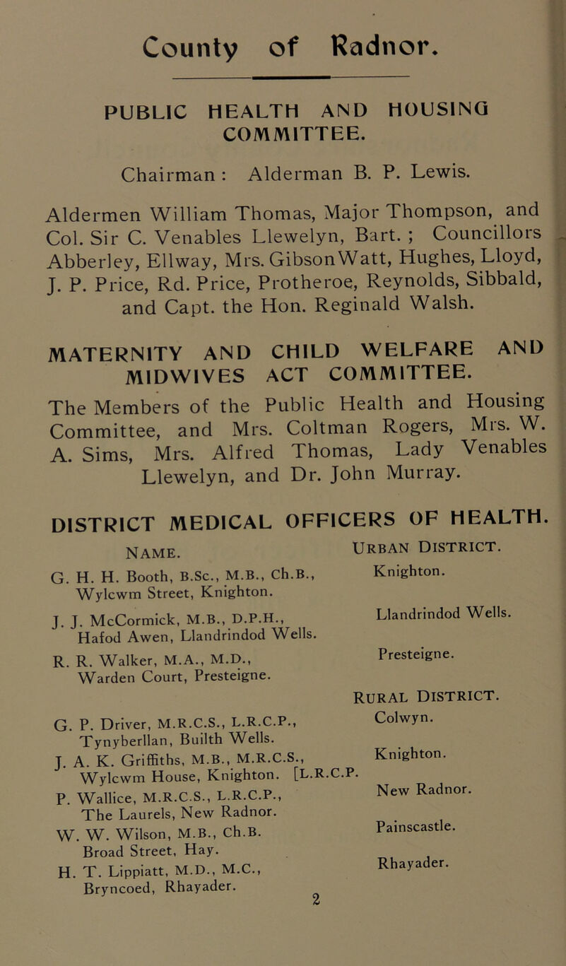 County of Radnor. PUBLIC HEALTH AND HOUSING COMMITTEE. Chairman : Alderman B. P. Lewis. Aldermen William Thomas, Major Thompson, and Col. Sir C. Venables Llewelyn, Bart. ; Councillors Abberley, Ellway, Mrs. GibsonWatt, Hughes, Lloyd, J. P. Price, Rd. Price, Protheroe, Reynolds, Sibbald, and Capt. the Hon. Reginald Walsh. MATERNITY AND CHILD WELFARE AND MIDWIVES ACT COMMITTEE. The Members of the Public Health and Housing Committee, and Mrs. Coltman Rogeis, Mis. W. A. Sims, Mrs. Alfred Thomas, Lady Venables Llewelyn, and Dr. John Murray. DISTRICT MEDICAL OFFICERS OF HEALTH. Name. G. H. H. Booth, B.Sc., M.B., Ch.B., Wylcwm Street, Knighton. J. J. McCormick, M.B., D.P.H., Hafod Awen, Llandrindod Wells. R. R. Walker, M.A., M.D., Warden Court, Presteigne. URBAN DISTRICT. Knighton. Llandrindod Wells. Presteigne. G. P. Driver, M.R.C.S., L.R.C.P., Tynyberllan, Builth Wells. J. A. K. Griffiths, M.B., M.R.C.S., Wylcwm House, Knighton. [L.R. P. Wallice, M.R.C.S., L.R.C.P., The Laurels, New Radnor. W. W. Wilson, M.B., Ch.B. Broad Street, Hay. H. T. Lippiatt, M.D., M.C., Bryncoed, Rhayader. rural district. Colwyn. Knighton. C.P. New Radnor. Painscastle. Rhayader.