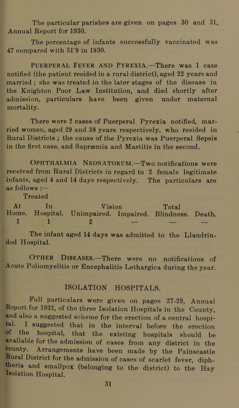 Annual Report for 1930. The percentage of infants successfully vaccinated was 47 compared with 51‘9 in 1930. Puerperal Fever and Pyrexia.—There was 1 case notified (the patient resided in a rural district), aged 22 years and married ; she was treated in the later stages of the disease in the Knighton Poor Law Institution, and died shortly after admission, particulars have been given under maternal mortality. There were 2 cases of Puerperal Pyrexia notified, mar- ried women, aged 29 and 38 years respectively, who resided in Rural Districts ; the cause of the Pyrexia was Puerperal Sepsis in the first case, and Sapraemia and Mastitis in the second. Ophthalmia Neonatorum.—Two notifications were received from Rural Districts in regard to 2 female legitimate infants, aged 4 and 14 days respectively. The particulars are as follows :— Treated At In Vision Total Home. Hospital. Unimpaired. Impaired. Blindness. Death. 11 2 — — — The infant aged 14 days was admitted to the Llandrin- dod Hospital. OTHER Diseases.—There were no notifications of Acute Poliomyelitis or Encephalitis Lethargica during the year. ISOLATION HOSPITALS. Full particulars were given on pages 27-29, Annual Report for 1932, of the three Isolation Hospitals in the County, and also a suggested scheme for the erection of a central hospi- tal. I suggested that in the interval before the erection of the hospital, that the existing hospitals should be available for the admission of cases from any district in the county. Arrangements have been made by the Painscastle Rural District for the admission of cases of scarlet fever, diph- theria and smallpox (belonging to the district) to the Hay Isolation Hospital. 31