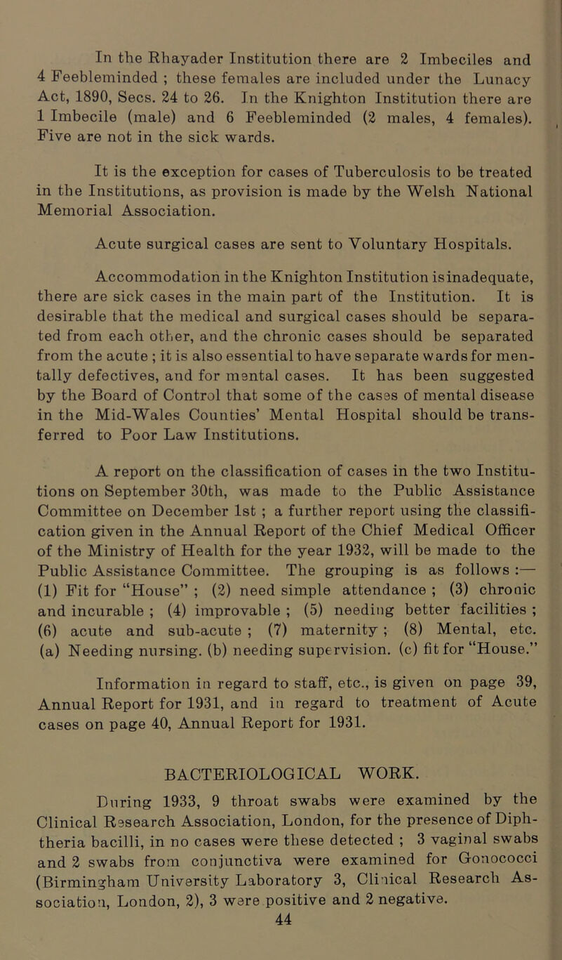 In the Rhayader Institution there are 2 Imbeciles and 4 Feebleminded ; these females are included under the Lunacy Act, 1890, Secs. 24 to 26. In the Knighton Institution there are 1 Imbecile (male) and 6 Feebleminded (2 males, 4 females). Five are not in the sick wards. It is the exception for cases of Tuberculosis to be treated in the Institutions, as provision is made by the Welsh National Memorial Association. Acute surgical cases are sent to Voluntary Hospitals. Accommodation in the Knighton Institution is inadequate, there are sick cases in the main part of the Institution. It is desirable that the medical and surgical cases should be separa- ted from each other, and the chronic cases should be separated from the acute ; it is also essential to have separate wards for men- tally defectives, and for mental cases. It has been suggested by the Board of Control that some of the cases of mental disease in the Mid-Wales Counties’ Mental Hospital should be trans- ferred to Poor Law Institutions. A report on the classification of cases in the two Institu- tions on September 30th, was made to the Public Assistance Committee on December 1st ; a further report using the classifi- cation given in the Annual Report of the Chief Medical Officer of the Ministry of Health for the year 1932, will be made to the Public Assistance Committee. The grouping is as follows :— (1) Fit for “House” ; (2) need simple attendance ; (3) chronic and incurable ; (4) improvable ; (5) needing better facilities ; (6) acute and sub-acute ; (7) maternity; (8) Mental, etc. (a) Needing nursing, (b) needing supervision, (c) fit for “House.” Information in regard to staff, etc., is given on page 39, Annual Report for 1931, and in regard to treatment of Acute cases on page 40, Annual Report for 1931. BACTERIOLOGICAL WORK. During 1933, 9 throat swabs were examined by the Clinical Research Association, London, for the presence of Diph- theria bacilli, in no cases were these detected ; 3 vaginal swabs and 2 swabs from conjunctiva were examined for Gonococci (Birmingham University Laboratory 3, Clinical Research As- sociation, London, 2), 3 were positive and 2 negative.