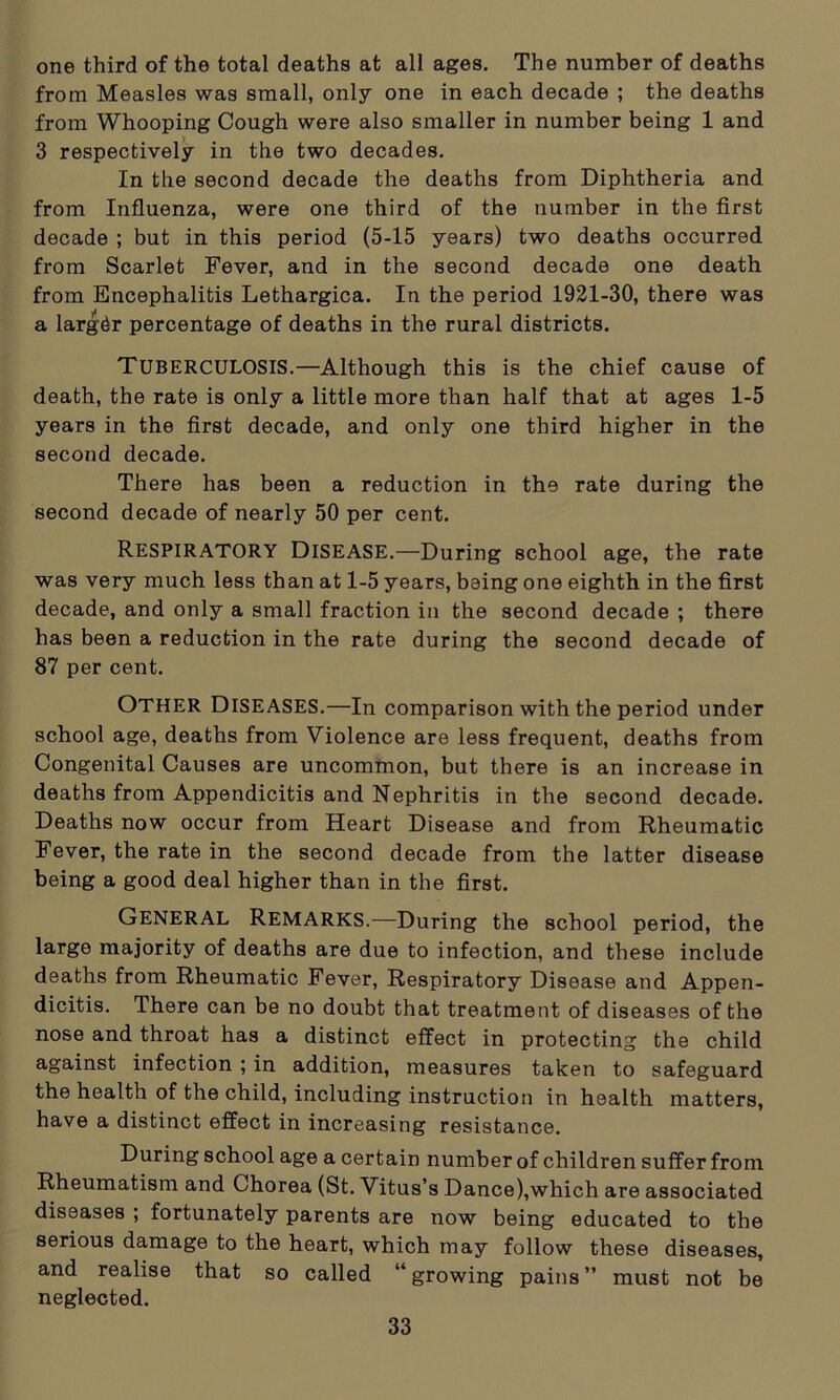 one third of the total deaths at all ages. The number of deaths from Measles was small, only one in each decade ; the deaths from Whooping Cough were also smaller in number being 1 and 3 respectively in the two decades. In the second decade the deaths from Diphtheria and from Influenza, were one third of the number in the first decade ; but in this period (5-15 years) two deaths occurred from Scarlet Fever, and in the second decade one death from Encephalitis Lethargica. In the period 1921-30, there was a larger percentage of deaths in the rural districts. Tuberculosis.—Although this is the chief cause of death, the rate is only a little more than half that at ages 1-5 years in the first decade, and only one third higher in the second decade. There has been a reduction in the rate during the second decade of nearly 50 per cent. Respiratory Disease.—During school age, the rate was very much less than at 1-5 years, being one eighth in the first decade, and only a small fraction in the second decade ; there has been a reduction in the rate during the second decade of 87 per cent. OTHER Diseases.—In comparison with the period under school age, deaths from Violence are less frequent, deaths from Congenital Causes are uncommon, but there is an increase in deaths from Appendicitis and Nephritis in the second decade. Deaths now occur from Heart Disease and from Rheumatic Fever, the rate in the second decade from the latter disease being a good deal higher than in the first. GENERAL Remarks.—During the school period, the large majority of deaths are due to infection, and these include deaths from Rheumatic Fever, Respiratory Disease and Appen- dicitis. There can be no doubt that treatment of diseases of the nose and throat has a distinct effect in protecting the child against infection ; in addition, measures taken to safeguard the health of the child, including instruction in health matters, have a distinct effect in increasing resistance. During school age a certain number of children suffer from Rheumatism and Chorea (St. Vitus’s Dance),which are associated diseases ; fortunately parents are now being educated to the serious damage to the heart, which may follow these diseases, and realise that so called “growing pains” must not be neglected.