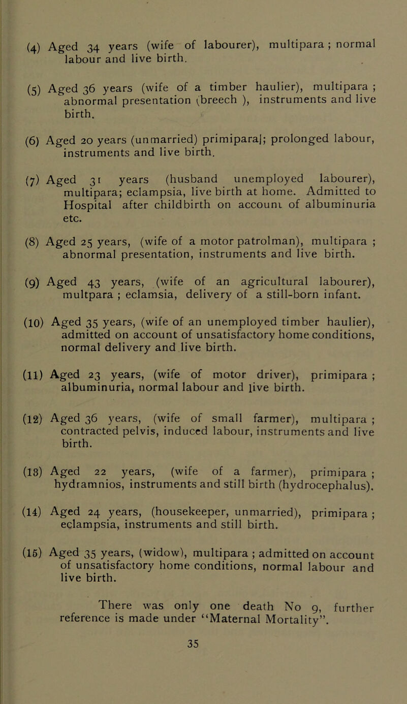 (4) Aged 34 years (wife of labourer), multipara; normal labour and live birth. (5) Aged 36 years (wife of a timber haulier), multipara ; abnormal presentation ^breech ), instruments and live birth. (6) Aged 20 years (unmarried) primiparaj; prolonged labour, instruments and live birth. (7) Aged 31 years (husband unemployed labourer), multipara; eclampsia, live birth at home. Admitted to Hospital after childbirth on accouni of albuminuria etc. (8) Aged 25 years, (wife of a motor patrolman), multipara ; abnormal presentation, instruments and live birth. (9) Aged 43 years, (wife of an agricultural labourer), multpara ; eclamsia, delivery of a still-born infant. (10) Aged 35 years, (wife of an unemployed timber haulier), admitted on account of unsatisfactory home conditions, normal delivery and live birth. (11) Aged 23 years, (wife of motor driver), primipara ; albuminuria, normal labour and live birth. (12) Aged 36 years, (wife of small farmer), multipara ; contracted pelvis, induced labour, instruments and live birth. (13) Aged 22 years, (wife of a farmer), primipara ; hydramnios, instruments and still birth (hydrocephalus). (14) Aged 24 years, (housekeeper, unmarried), primipara; eclampsia, instruments and still birth. (15) Aged 35 years, (widow), multipara ; admitted on account of unsatisfactory home conditions, normal labour and live birth. There was only one death No 9, further reference is made under “Maternal Mortality”.