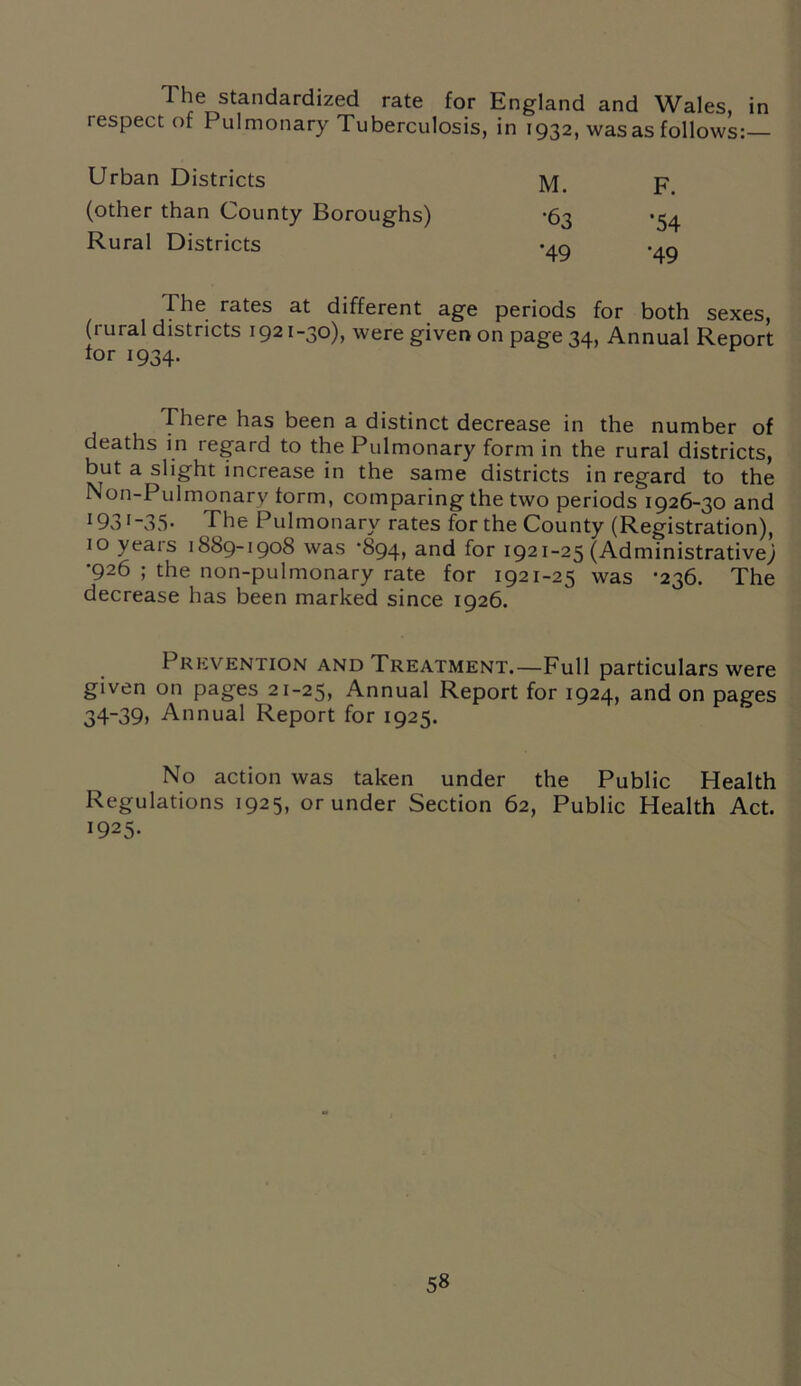 The standardized rate for England and Wales, in respect of Pulmonary Tuberculosis, in 1932, was as follows:— Urban Districts M. F (other than County Boroughs) *63 *54 Rural Districts mo mo The rates at different age periods for both sexes, (rural districts 1921-30), were given on page 34, Annual Report tor 1934. There has been a distinct decrease in the number of deaths in regard to the Pulmonary form in the rural districts, but a slight increase in the same districts in regard to the Non-Pulmonary form, comparing the two periods 1926-30 and 19v3 *-35- The Pulmonary rates for the County (Registration), 10 years 1889-1908 was -894, and for 1921-25 (Administrative; •926 ; the non-pulmonary rate for 1921-25 was -236. The decrease has been marked since 1926. Prevention and Treatment.—Full particulars were given on pages 21-25, Annual Report for 1924, and on pages 3439> Annual Report for 1925. No action was taken under the Public Health Regulations 1925, or under Section 62, Public Health Act. 1925.