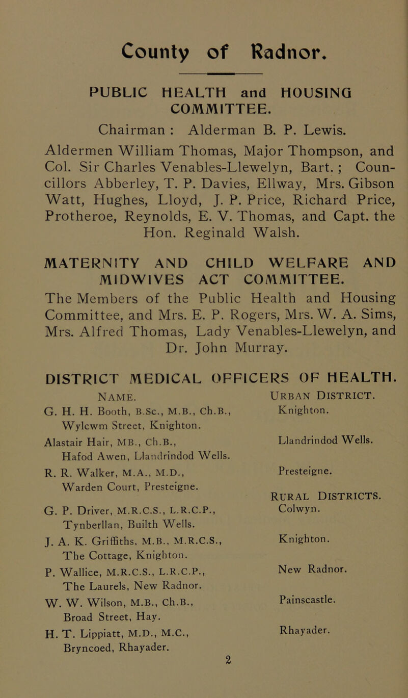 County of Radnor. PUBLIC HEALTH and HOUSING COMMITTEE. Chairman : Alderman B. P. Lewis. Aldermen William Thomas, Major Thompson, and Col. Sir Charles Venables-Llewelyn, Bart. ; Coun- cillors Abberley, T. P. Davies, Ellway, Mrs. Gibson Watt, Hughes, Lloyd, J. P. Price, Richard Price, Protheroe, Reynolds, E. V. Thomas, and Capt. the Hon. Reginald Walsh. MATERNITY AND CHILD WELFARE AND MIDWIVES ACT COMMITTEE. The Members of the Public Health and Housing Committee, and Mrs. E. P. Rogers, Mrs. W. A. Sims, Mrs. Alfred Thomas, Lady Venables-Llewelyn, and Dr. John Murray. DISTRICT MEDICAL OFFICERS OF HEALTH. Name. Urban District. G. H. H. Booth, B.Sc., M.B., Ch.B., Wylcwm Street, Knighton. Knighton. Alastair Hair, MB., Ch.B., Hafod Avven, Llandrindod Wells. Llandrindod Wells. R. R. Walker, M.A., M.D., Warden Court, Presteigne. Presteigne. Rural Districts, G. P. Driver, M.R.C.S., L.R.C.P., Tynberllan, Builth Wells. Colwyn. J. A. K. Griffiths. M.B., M.R.C.S., The Cottage, Knighton. Knighton. P. Wallice, M.R.C.S., L.R.C.P., The Laurels, New Radnor. New Radnor. W. W. Wilson, M.B., Ch.B., Broad Street, Hay. Painscastle. H. T. Lippiatt, M.D., M.C., Bryncoed, Rhayader. Rhayader.