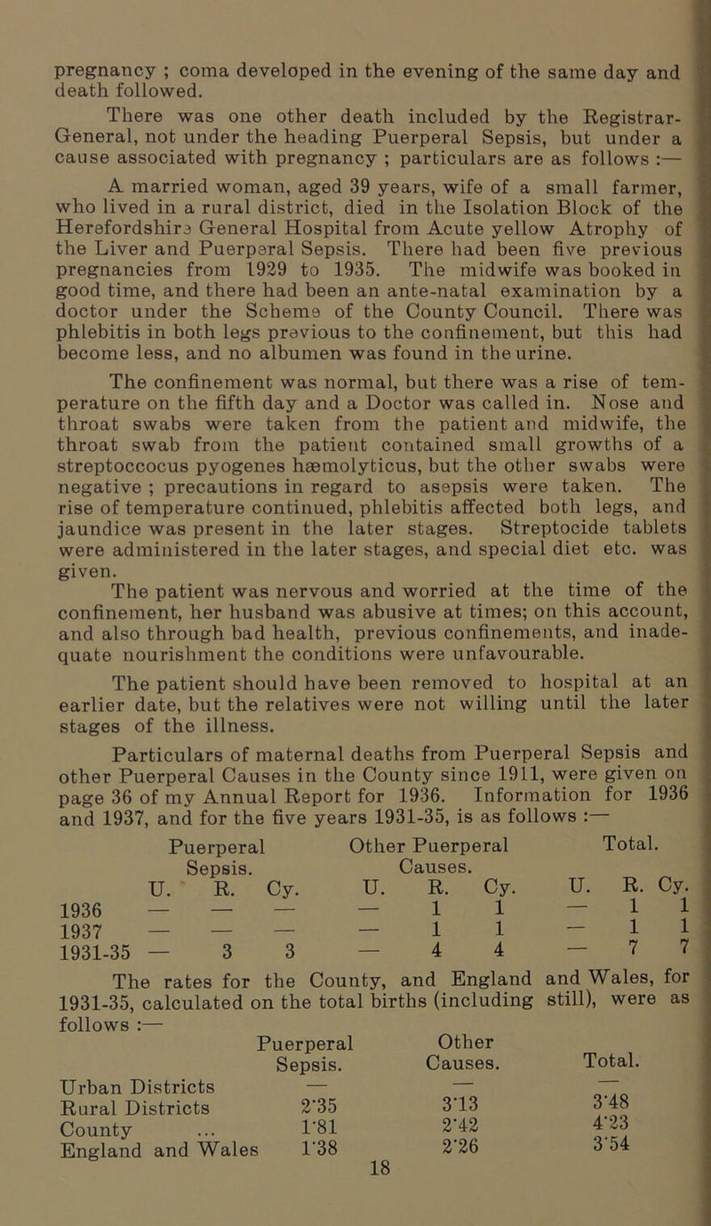 pregnancy ; coma developed in the evening of the same day and death followed. There was one other death included by the Registrar- General, not under the heading Puerperal Sepsis, but under a cause associated with pregnancy ; particulars are as follows :— A married woman, aged 39 years, wife of a small farmer, who lived in a rural district, died in the Isolation Block of the Herefordshire General Hospital from Acute yellow Atrophy of the Liver and Puerperal Sepsis. There had been five previous pregnancies from 1929 to 1935. The midwife was booked in good time, and there had been an ante-natal examination by a doctor under the Scheme of the County Council. There was phlebitis in both legs previous to the confinement, but this had become less, and no albumen was found in the urine. The confinement was normal, but there was a rise of tem- perature on the fifth day and a Doctor was called in. Nose and throat swabs were taken from the patient and midwife, the throat swab from the patient contained small growths of a streptoccocus pyogenes hsemolyticus, but the other swabs were negative ; precautions in regard to asepsis were taken. The rise of temperature continued, phlebitis affected both legs, and jaundice was present in the later stages. Streptocide tablets were administered in the later stages, and special diet etc. was given. The patient was nervous and worried at the time of the confinement, her husband was abusive at times; on this account, and also through bad health, previous confinements, and inade- quate nourishment the conditions were unfavourable. The patient should have been removed to hospital at an earlier date, but the relatives were not willing until the later stages of the illness. Particulars of maternal deaths from Puerperal Sepsis and other Puerperal Causes in the County since 1911, were given on page 36 of my Annual Report for 1936. Information for 1936 and 1937, and for the five years 1931-35, is as follows :— Puerperal U. 1936 1937 1931-35 — Sepsis. R. Cy. 3 3 Other Puerperal Causes. U. R. Cy 1 1 — 1 1 4 4 Total. U. R. Cy. 1 1 1 1 -77 The rates for the County, and England 1931-35, calculated on the total births (including follows :— Urban Districts Rural Districts County England and Wales and Wales, for still), were as uerperal Other Total. Sepsis. Causes. 2’35 313 318 1*81 212 4’23 1-38 2‘26 354