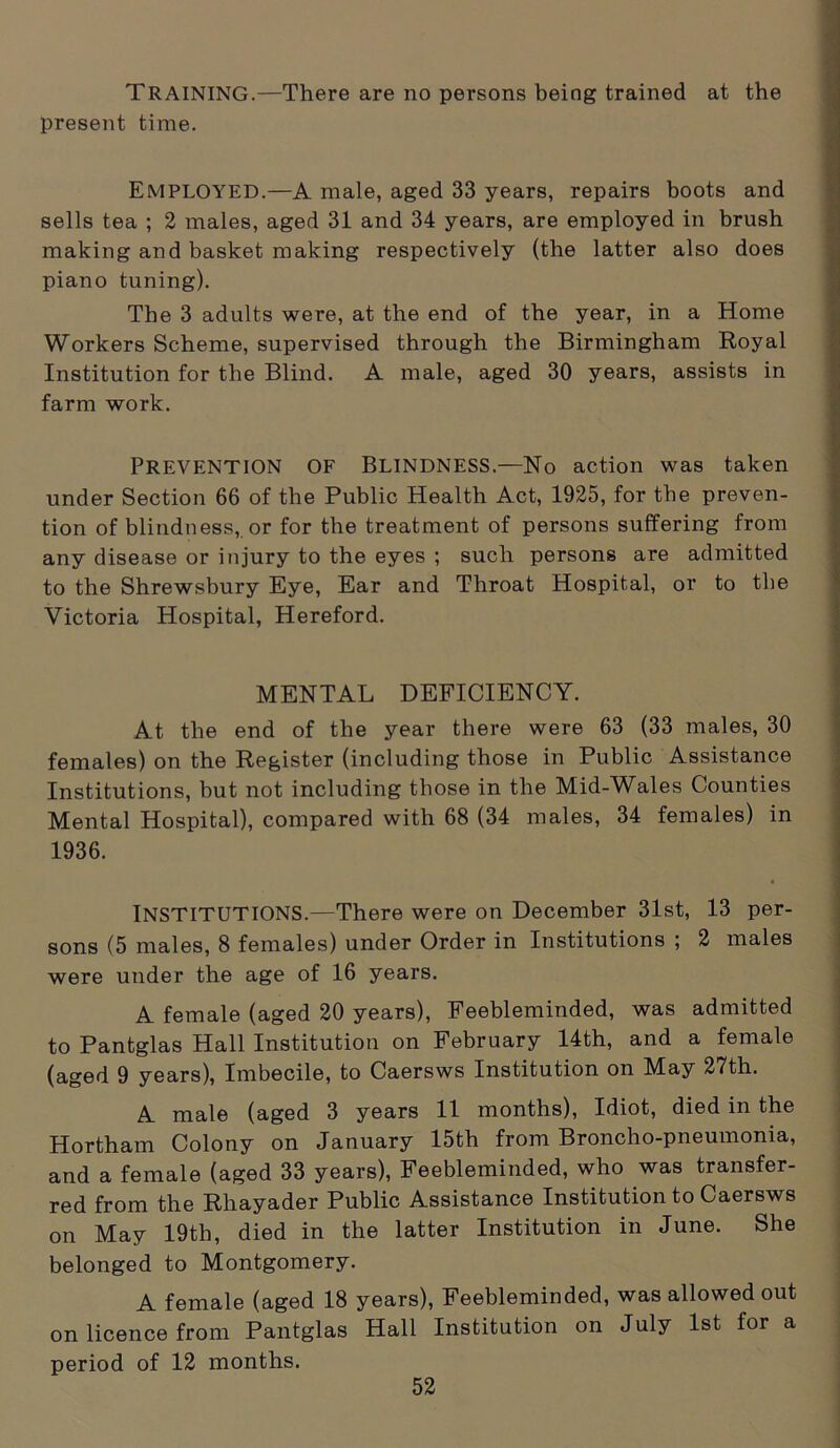 TRAINING.—There are no persons being trained at the present time. Employed.—A male, aged 33 years, repairs boots and sells tea ; 2 males, aged 31 and 34 years, are employed in brush making and basket making respectively (the latter also does piano tuning). The 3 adults were, at the end of the year, in a Home Workers Scheme, supervised through the Birmingham Royal Institution for the Blind. A male, aged 30 years, assists in farm work. Prevention of Blindness.—No action was taken under Section 66 of the Public Health Act, 1925, for the preven- tion of blindness, or for the treatment of persons suffering from any disease or injury to the eyes ; such persons are admitted to the Shrewsbury Eye, Ear and Throat Hospital, or to the Victoria Hospital, Hereford. MENTAL DEFICIENCY. At the end of the year there were 63 (33 males, 30 females) on the Register (including those in Public Assistance Institutions, but not including those in the Mid-Wales Counties Mental Hospital), compared with 68 (34 males, 34 females) in 1936. INSTITUTIONS.—There were on December 31st, 13 per- sons (5 males, 8 females) under Order in Institutions ; 2 males were under the age of 16 years. A female (aged 20 years), Feebleminded, was admitted to Pantglas Hall Institution on February 14th, and a female (aged 9 years), Imbecile, to Caersws Institution on May 27th. A male (aged 3 years 11 months), Idiot, died in the Hortham Colony on January 15th from Broncho-pneumonia, and a female (aged 33 years), Feebleminded, who was transfer- red from the Rhayader Public Assistance Institution to Caersws on May 19th, died in the latter Institution in June. She belonged to Montgomery. A female (aged 18 years), Feebleminded, was allowed out on licence from Pantglas Hall Institution on July 1st for a period of 12 months.