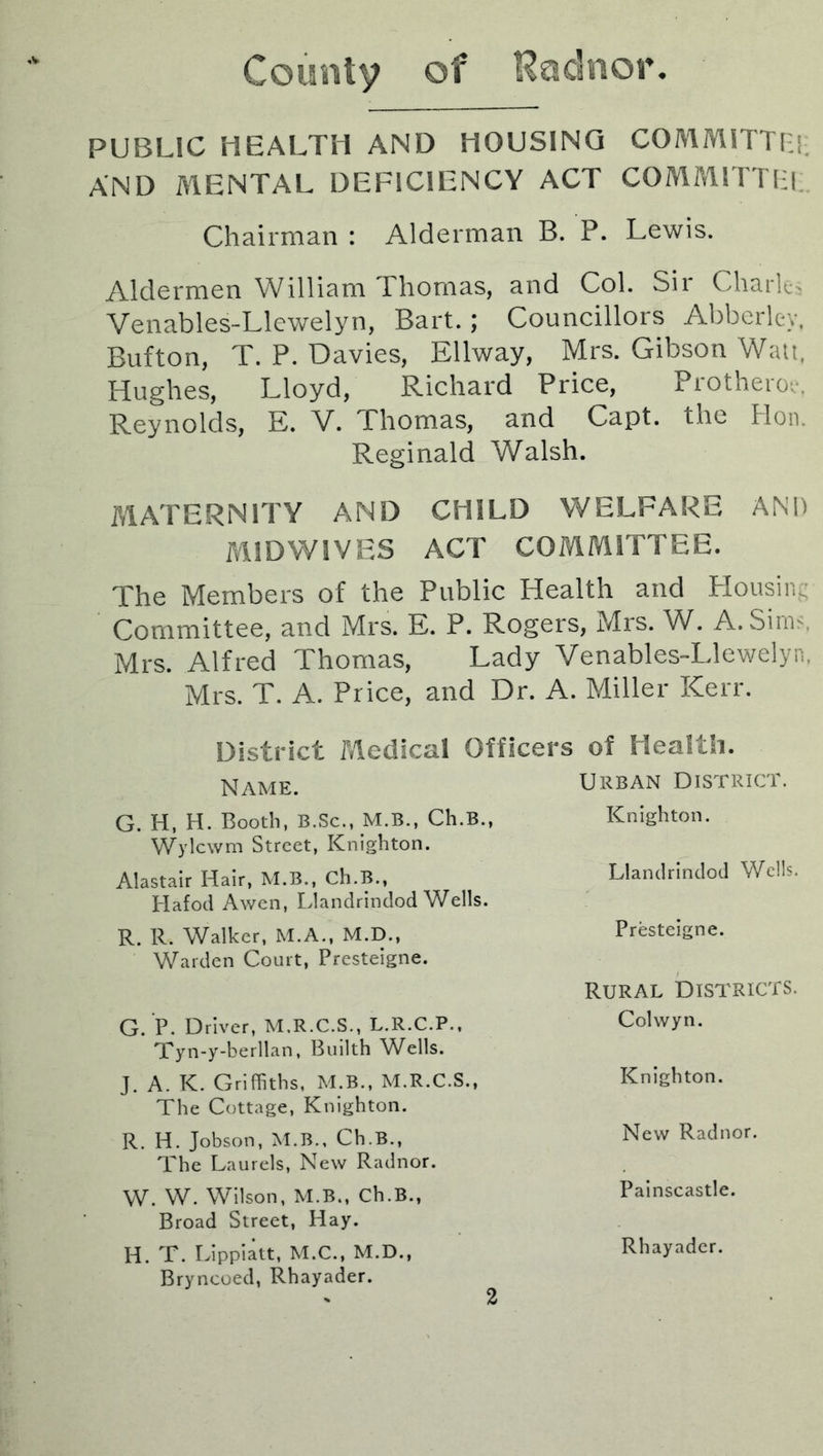 County of Radnor. PUBLIC HEALTH AND HOUSING COMMITTEE AND MENTAL DEFICIENCY ACT COMMITTEE Chairman : Alderman B. P. Lewis. Aldermen William Thomas, and Col. Sir Charle- Venables-Llewelyn, Bart.; Councillors Abberlev, Bufton, T. P. Davies, Ellway, Mrs. Gibson Watt, Hughes, Lloyd, Richard Price, Prothero,. Reynolds, E. V. Thomas, and Capt. the Hon. Reginald Walsh. MATERNITY AND CHILD WELFARE AND MIDWIVES ACT COMMITTEE. The Members of the Public Health and Housing Committee, and Mrs. E. P. Rogers, Mrs. W. A. Sinn Mrs. Alfred Thomas, Lady Venables-Llewelyn, Mrs. T. A. Price, and Dr. A. Miller Kerr. District Medical Officers of Health. Name. Urban District. G. H, H. Booth, B.Sc., M.B., Ch.B., Wylcwm Street, Knighton. Alastair Hair, M.B., Ch.B., Hafod Awen, Llandrindod Wells. R. R. Walker, M.A., M.D., Warden Court, Presteigne. G. P. Driver, M.R.C.S., L.R.C.P., Tyn-y-berllan, Builth WHls. J. A. K. Griffiths, M.B., M.R.C.S., The Cottage, Knighton. Knighton. Llandrindod Wells. Presteigne. rural Districts. Colwyn. Knighton. R. H. Jobson, M.B., Ch.B., The Laurels, New Radnor. New Radnor. w. W. Wilson, M.B., Ch.B., Broad Street, Hay. H. T. Lippiatt, M.C., M.D., Bryncoed, Rhayader. Painscastle. Rhayader.