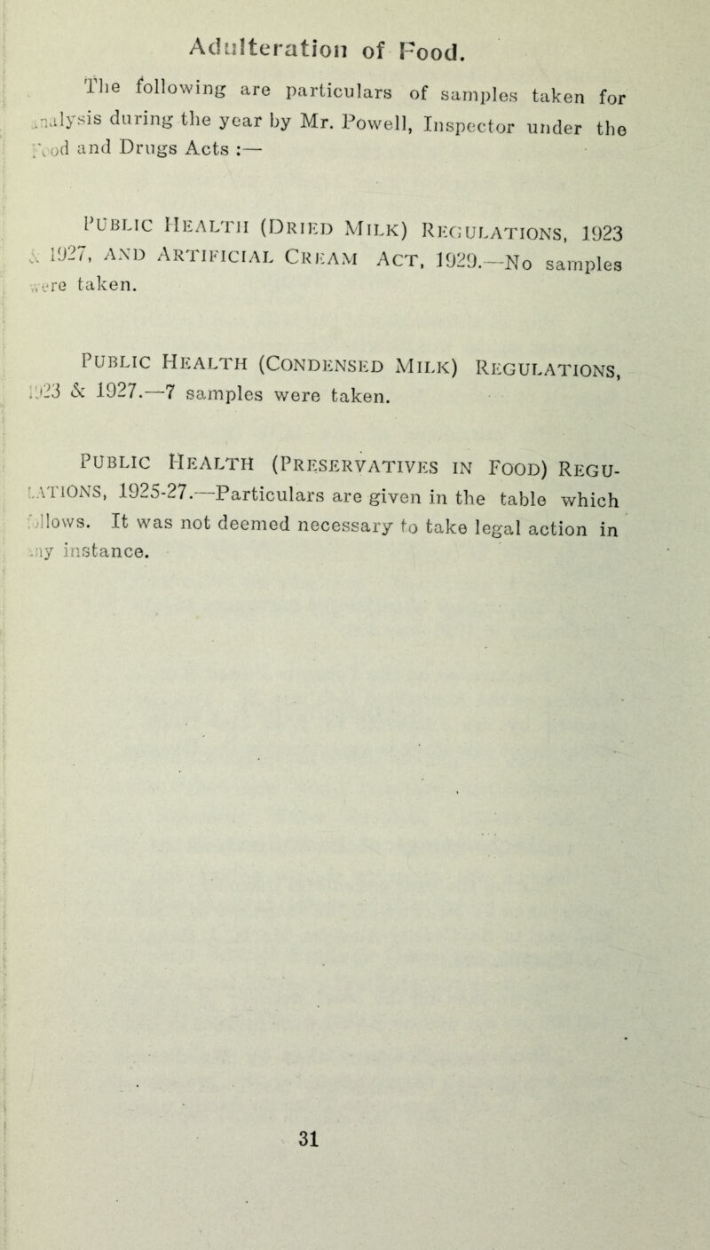Adulteration of Food. The following are particulars of samples taken for . lalysis during the year by Mr. Powell, Inspector under the \od and Drugs Acts :— Public Health (Dried Milk) Regulations, 1923 1927, and Artificial Cream Act, 1929.-No samples . ere taken. Public Health (Condensed Milk) Regulations, . <23 & 1927.—7 samples were taken. Public Health (Preservatives in Food) Regu- ATIONS, 1925-27.—Particulars are given in the table which Allows. It was not deemed necessary to take legal action in ty instance.