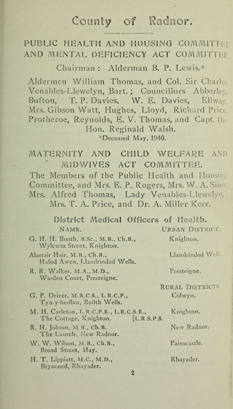 County of Radnor. PUBLIC HEALTH AND HOUSING COMMIT!! [ AND MENTAL DEFICIENCY ACT COM MITT HI Chairman : Alderman B. P. Lewis.* Aldermen William Thomas, and Col. Sir Chark Venables-Llewelyn, Bart. ; Councillors Abberley. Bufton, T. P. Davies, W. E. Davies, Ellway. Mrs. Gibson Watt, Hughes, Lloyd, Richard Price. Protheroe, Reynolds, E. V. Thomas, and Capt. the Hon. Reginald Walsh. ^Deceased May, 1940. MATERNITY AND CHILD WELFARE AND MIDWIVES ACT COMMITTEE. The Members of the Public Health and Plousie Committee, and Mrs. E. P. Rogers, Mrs. W. A. Sin ■ Mrs. Alfred Thomas, Lady Venables-Llewelyn. Mrs. T. A. Price, and Dr. A. Miller Kerr. District Medical Officers of Health. Name. Urban District. G. H. H. Booth, B.Sc., M.B., Ch.B., Knighton. Wylcwm Street, Knighton. Alastair Hair, M.B., Ch.B., Llandrindod Wei! Hafod A wen, Llandrindod Wells. R. R. Walker, M.A.,M.D., Warden Court, Presteigne. Presteigne. G. P. Driver, M.R.C.S,, L.R.C.P., Rural Districts Colwyn. Tyn-y-berllan, Builth Wells. M. H. Carleton, L.R.C.P.E., L.R.C.S.E., The Cottage, Knighton. [L.R.S.P.S. R. H. Jobson, M B., Ch.B. The Laurels, New Radnor. W. W. Wilson, M.B., Ch.B., Broad Street, Hay. H. T. Lippiatt, M.C., M.D., Bryncoed, Rhayader. Knighton. New Radnor. Painscastle. Rhayader.