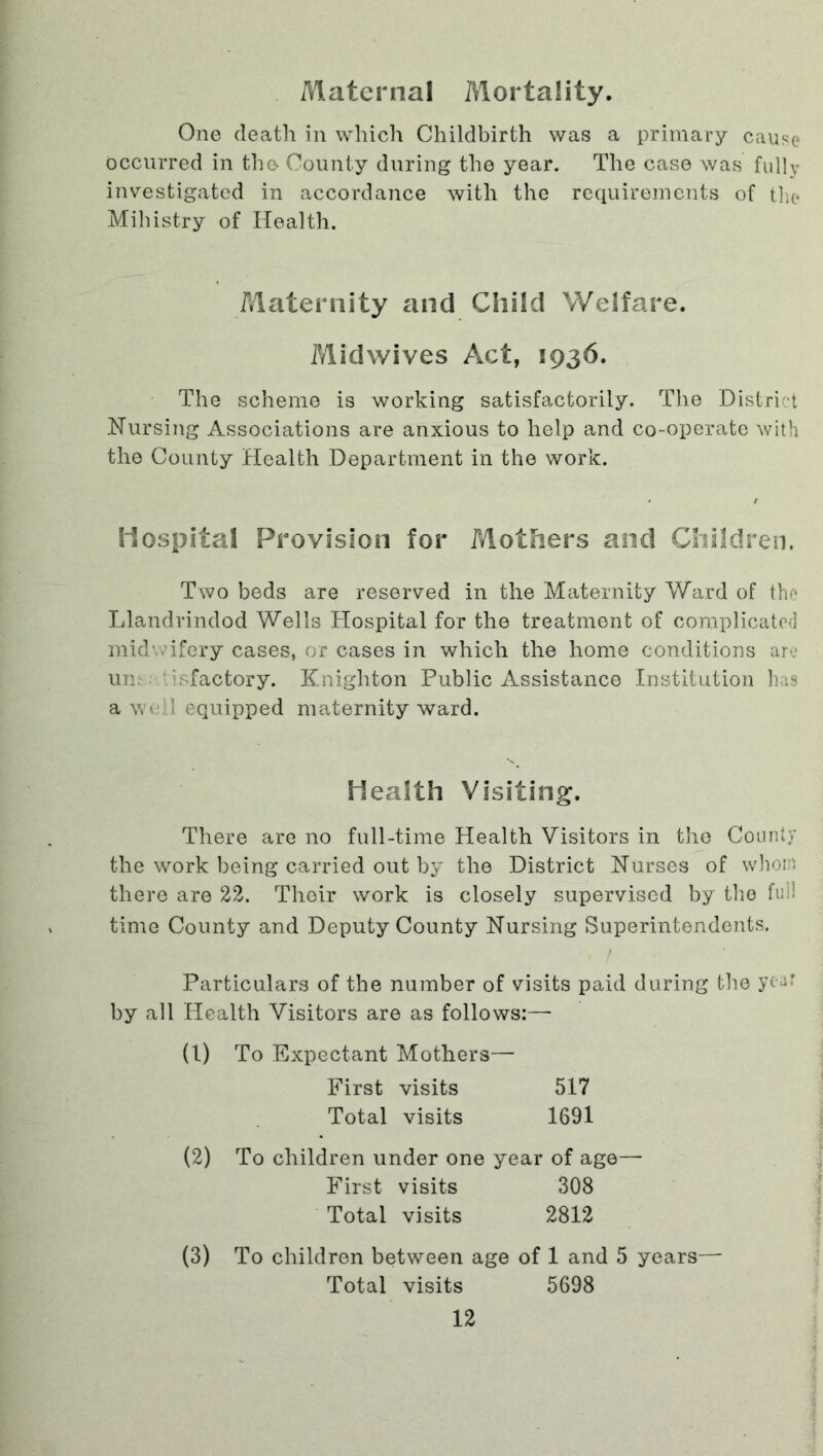 Maternal Mortality. One death in which Childbirth was a primary cause occurred in the- County during the year. The case was fully investigated in accordance with the requirements of the Mihistry of Health. Maternity and Child Welfare. Midwives Act, 1936. The scheme is working satisfactorily. The Dislri'-t Nursing Associations are anxious to help and co-operate with the County Health Department in the work. liospital Provision for Mothers and Childreii. Two beds are reserved in the Maternity Ward of the Llandrindod Wells Hospital for the treatment of complicated midwifery cases, or cases in which the home conditions are lui:. ‘ isfactory. Knighton Public Assistance In^3tiiution has a well equipped maternity ward. Health Visiting. There are no full-time Health Visitors in the County the work being carried out by the District Nurses of wlioin there are 22. Their work is closely supervised by the full time County and Deputy County Nursing Superintendents. Particulars of the number of visits paid during the yco: by all Health Visitors are as follows:—• (1) To Expectant Mothers— First visits 517 Total visits 1691 (2) To children under one year of age— First visits 308 Total visits 2812 (3) To children between age of 1 and 5 years— Total visits 5698