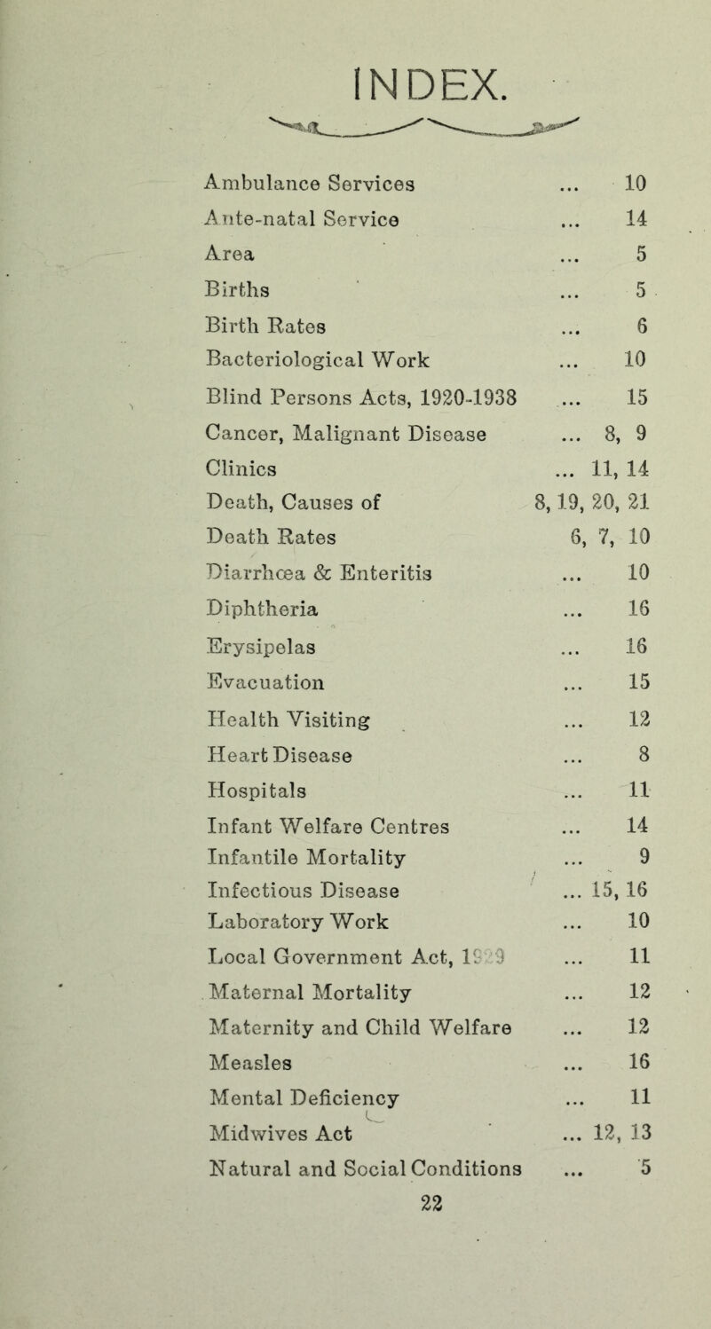 INDEX. Ambulance Services 10 Ante-natal Service 14 Area 5 Births 5 Birth Rates 6 Bacteriological Work 10 Blind Persons Acts, 1920-1938 15 Cancer, Malignant Disease ... 8, 9 Clinics ... 11, 14 Death, Causes of 8,19, 20, 21 Death Rates 6, 7, 10 Diarrhoea & Enteritis 10 Diphtheria 16 Erysipelas 16 Evacuation 15 Health Visiting 12 Heart Disease 8 Hospitals 11 Infant Welfare Centres 14 Infantile Mortality 9 Infectious Disease ■ ... 15, 16 Laboratory Work 10 Local Government Act, IS-9 11 Maternal Mortality 12 Maternity and Child Welfare 12 Measles 16 Mental Deficiency 11 Midwives Act ... 12, 13 Natural and Social Conditions 5