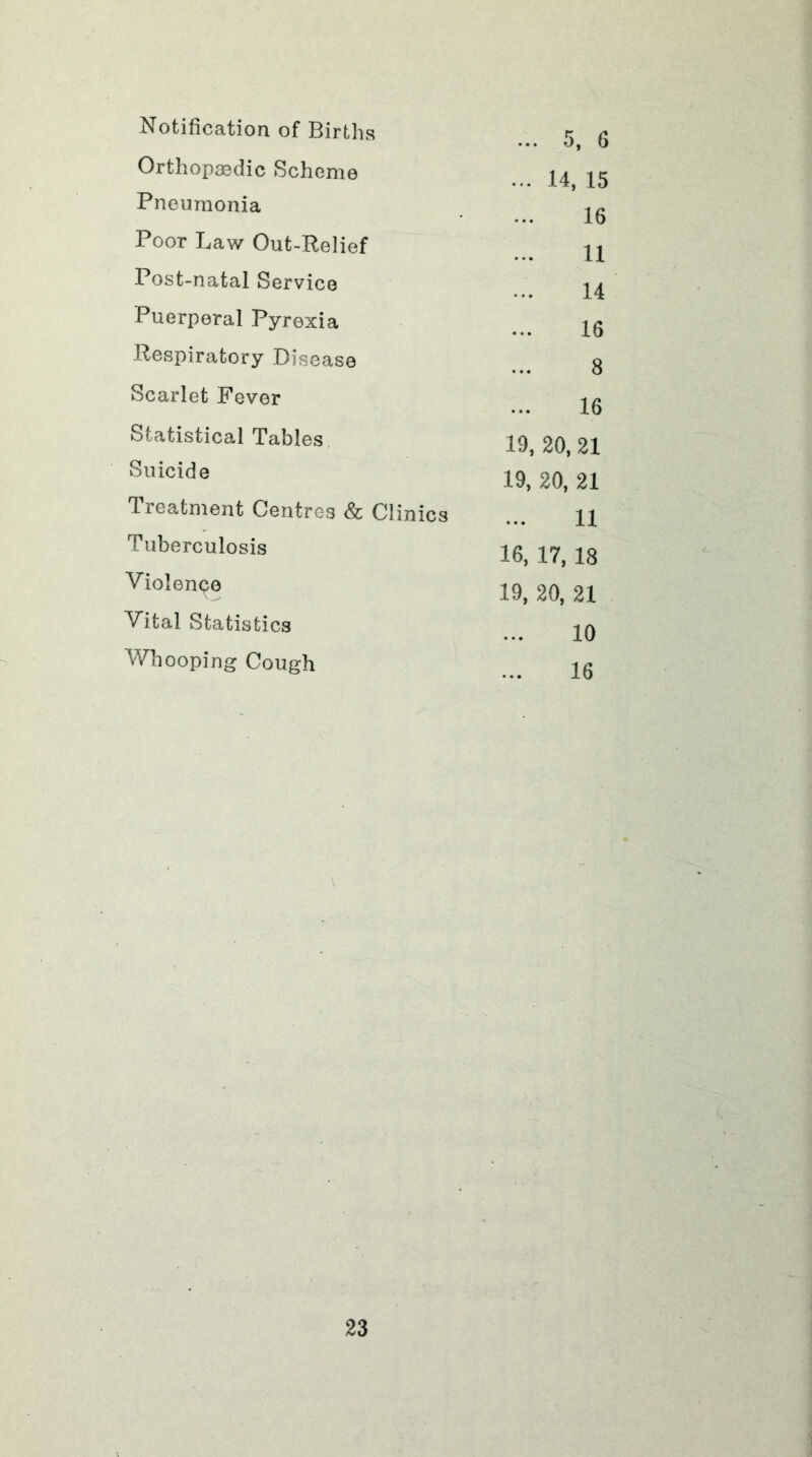 Notification of Births ... .5, G Orthopo3dic Scheme ... 14, 15 Pneumonia 16 Poor Law Out-Relief 11 Post-natal Service 14 Puerperal Pyrexia 16 Respiratory Disease 8 Scarlet Fever 16 Statistical Tables 19, 20, 21 Suicide 19, 20, 21 Treatment Centres & Clinics 11 Tuberculosis 16, 17, 18 Violenqe 19, 20, 21 Vital Statistics 10 Whooping Cough 16