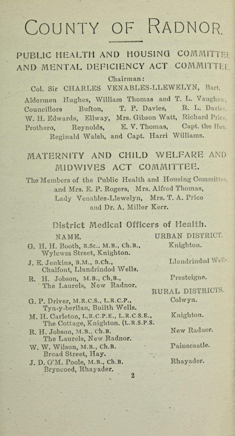 County of Radnor. PUBLIC HEALTH AND HOUSING COMMUTES AND MENTAL DEFICIENCY ACT COMMlTTLl Chairman: Col. Sir CHARLES VENABLES-LLEWELYN, Bart. Aldermen Hughes, William Thomas and T. L. Vaughan; Councillors Bufton, T. P. Davies, R. L. Davie-. W. H. Edwards, Ellway, Mrs. Gibson Watt, Richard Price Pfothero, Reynolds, E. V. Thomas, Capt. the Hon Reginald Walsh, and Capt. Harri Williams. MATERNITY AND CHILD WELFARE AND MIDWIVES ACT COMMITTEE. The Members of the Public Health and Housing CommitU-. and Mrs. E. P. Rogers, Mrs. Alfred Thomas, Lady Venables-Llewelyn, Mrs. T. A. Price and Dr. A. Miller Kerr. District Medical Officers of Health. NAME. URBAN DISTRICT. G. H. H. Booth, B.Sc.. M.B., Ch.B., Wylcwm Street, Knighton. J. E. Jenkins, B.M., B.Ch., Chalfont, Llandrindod Wells. R. H. Jobson, M.B., Ch,B., The Laurels, New Radnor. G. P. Driver, M.R.C.S., L.R.C.P., Tyn-y-berllan, Builth Wells. Knighton. Llandrindod WeU Presteigne. RURAL DISTRICTS. Colwyn. M. IT. Carleton, L,R.C.P.E„ L.R.C-S.E., The Cottage, Knighton. (L.R.S.P.S. R. H. Jobson, M.B., Ch.B. The Laurels, New Radnor. W. W. Wilson, M.B., Ch.B. Broad Street, Hay. J. D. O’M. Poole, M.B., Ch.B. Bryncoed, Rhayader. Knighton. New Radnor. Painscastle. Rhayader.