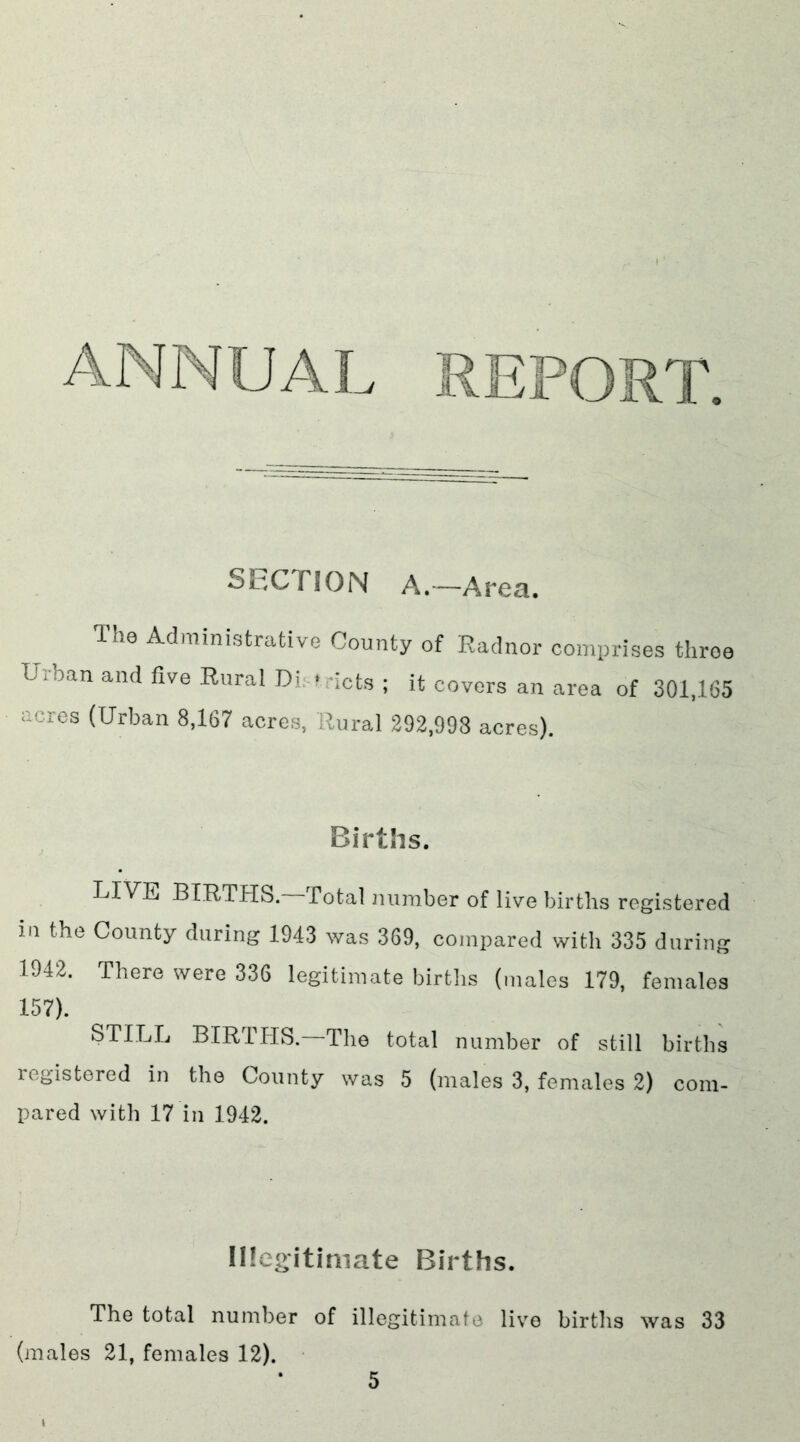 ANNUAL REPORT SECTION A.—Area. The Administrative County of Radnor comprises throe L - ban and five Rural Di t nets ; it covers an area of 301,165 acres (Urban 8,167 acres, Rural 292,998 acres). Births. LIVE BIRTHS. Total number of live births registered in the County during 1943 was 369, compared with 335 during 1942. There were 336 legitimate births (males 179, females 157). STILL BIRTHS. The total number of still births legistered in the County was 5 (males 3, females 2) com- pared with 17 in 1942. Illegitimate Births. The total number of illegitimate live births was 33 (males 21, females 12).