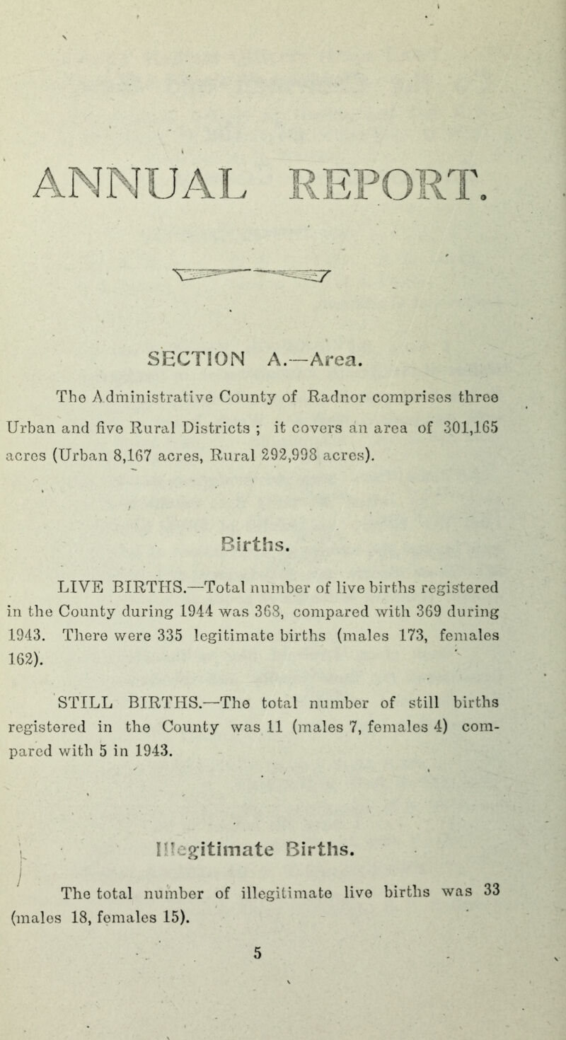 ANNUAL RE SECTION A.-Area. Tho A dministrative County of Radnor comprisos throe Urban and five Rural Districts ; it covers an area of 301,165 acres (Urban 8,167 acres. Rural 292,998 acres). Births. LIVE BIRTHS.—Total number of live births registered in the County during 1944 was 368, compared with 369 during 1943. There were 335 legitimate births (males 173, females 162). ‘STILL BIRTHS.—The total number of still births registered in the County was 11 (males 7, females 4) com- pared with 5 in 1943. IHe^itimate Births. 1 The total number of illegitimate live births was 33 (males 18, females 15).