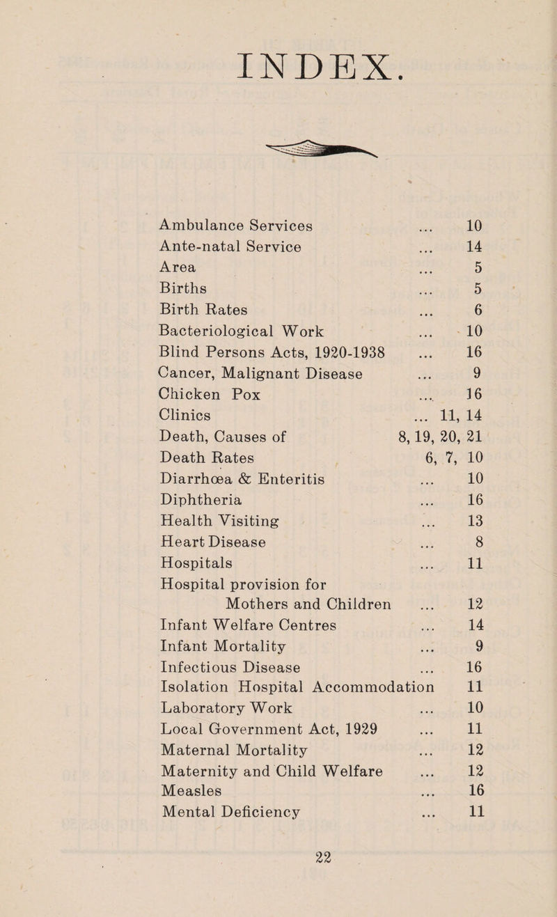 INDEX. Ambulance Services 10 Ante-natal Service 14 Area 5 Births 5 Birth Rates 6 Bacteriological Work 10 Blind Persons Acts, 1920-1938 16 Cancer, Malignant Disease 9 Chicken Pox 36 Clinics ... 11, 14 Death, Causes of 8,19, 20, 21 Death Rates 6, 7, 10 Diarrhoea & Enteritis 10 Diphtheria 16 Health Visiting 13 Heart Disease 8 Hospitals 11 Hospital provision for Mothers and Children 12 Infant Welfare Centres 14 Infant Mortality 9 Infectious Disease 16 Isolation Hospital Accommodation 11 Laboratory Work 10 Local Government Act, 1929 11 Maternal Mortality 12 Maternity and Child Welfare 12 Measles 16 Mental Deficiency 11
