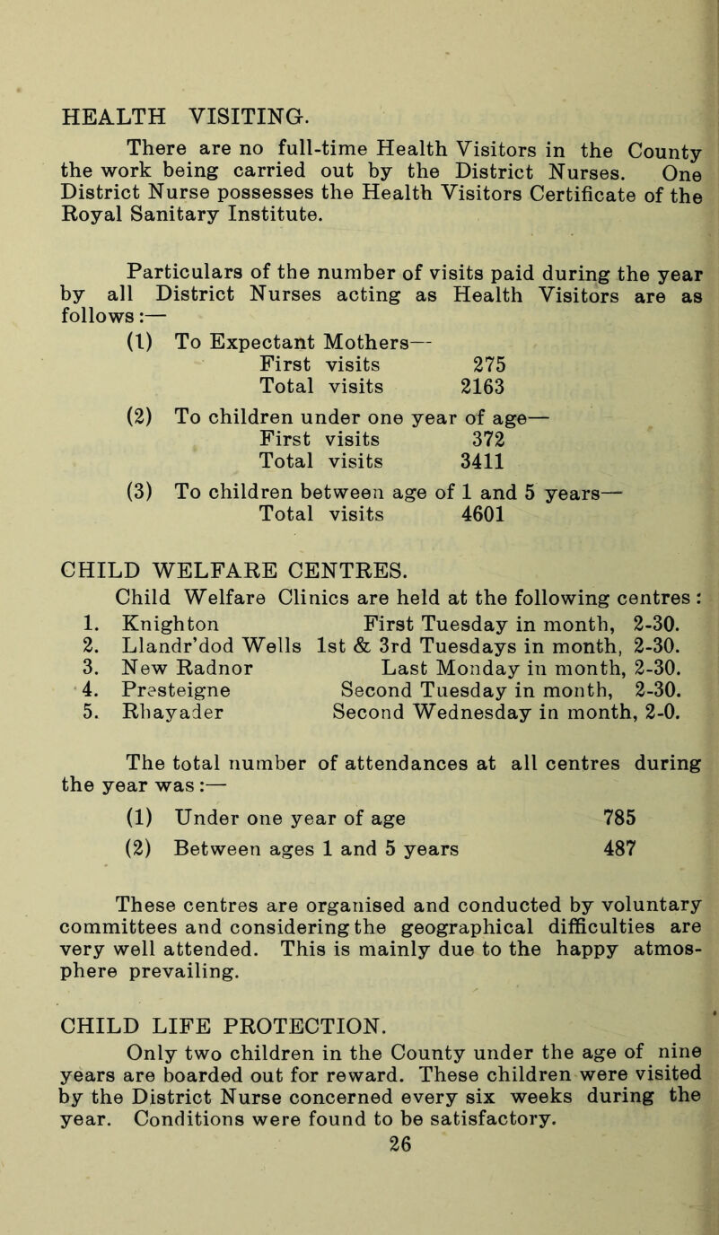 HEALTH VISITING. There are no full-time Health Visitors in the County the work being carried out by the District Nurses. One District Nurse possesses the Health Visitors Certificate of the Royal Sanitary Institute. Particulars of the number of visits paid during the year by all District Nurses acting as Health Visitors are as follows:— (t) To Expectant Mothers— First visits 275 Total visits 2163 (2) To children under one year of age— First visits 372 Total visits 3411 (3) To children between age of 1 and 5 years—■ Total visits 4601 CHILD WELFARE CENTRES. Child Welfare Clinics are held at the following centres : 1. Knighton First Tuesday in month, 2-30. 2. Llandr’dod Wells 1st & 3rd Tuesdays in month, 2-30. 3. New Radnor Last Monday in month, 2-30. 4. Presteigne Second Tuesday in month, 2-30. 5. Rhayader Second Wednesday in month, 2-0. The total number of attendances at all centres during the year was :— (1) Under one year of age 785 (2) Between ages 1 and 5 years 487 These centres are organised and conducted by voluntary committees and considering the geographical difficulties are very well attended. This is mainly due to the happy atmos- phere prevailing. CHILD LIFE PROTECTION. Only two children in the County under the age of nine years are boarded out for reward. These children were visited by the District Nurse concerned every six weeks during the year. Conditions were found to be satisfactory.