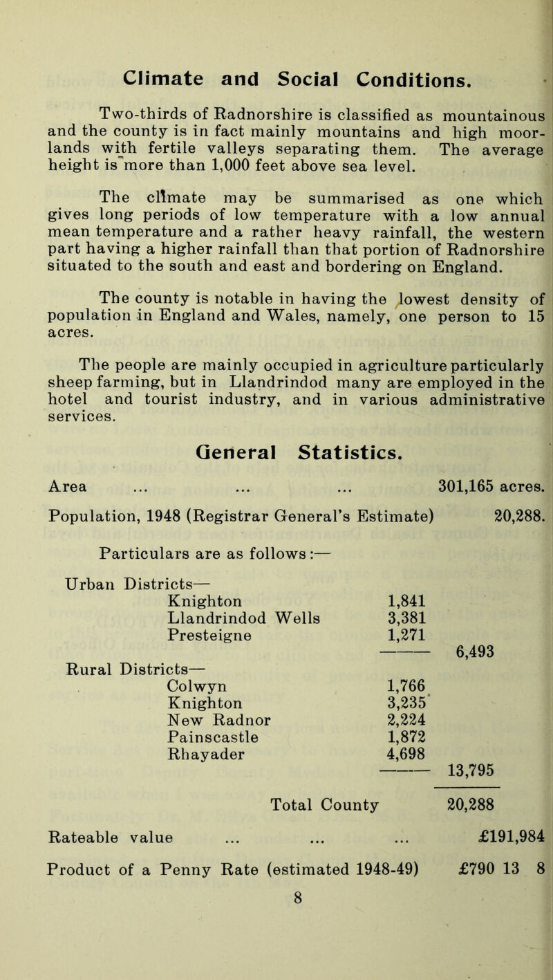 Climate and Social Conditions. Two-thirds of Radnorshire is classified as mountainous and the county is in fact mainly mountains and high moor- lands with fertile valleys separating them. The average height ismore than 1,000 feet above sea level. The climate may be summarised as one which gives long periods of low temperature with a low annual mean temperature and a rather heavy rainfall, the western part having a higher rainfall than that portion of Radnorshire situated to the south and east and bordering on England. The county is notable in having the ^owest density of population in England and Wales, namely, one person to 15 acres. The people are mainly occupied in agriculture particularly sheep farming, but in Llandrindod many are employed in the hotel and tourist industry, and in various administrative services. General Statistics. Area ... ... ... 301,165 acres. Population, 1948 (Registrar General’s Estimate) 20,288. Particulars are as follows:— Urban Districts— Knighton Llandrindod Wells Presteigne Rural Districts— Colwyn Knighton New Radnor Painscastle Rhayader 1,841 3,381 1,271 6,493 1,766 3,235 2,224 1,872 4,698 13,795 Rateable value Total County 20,288 £191,984 Product of a Penny Rate (estimated 1948-49) £790 13 8