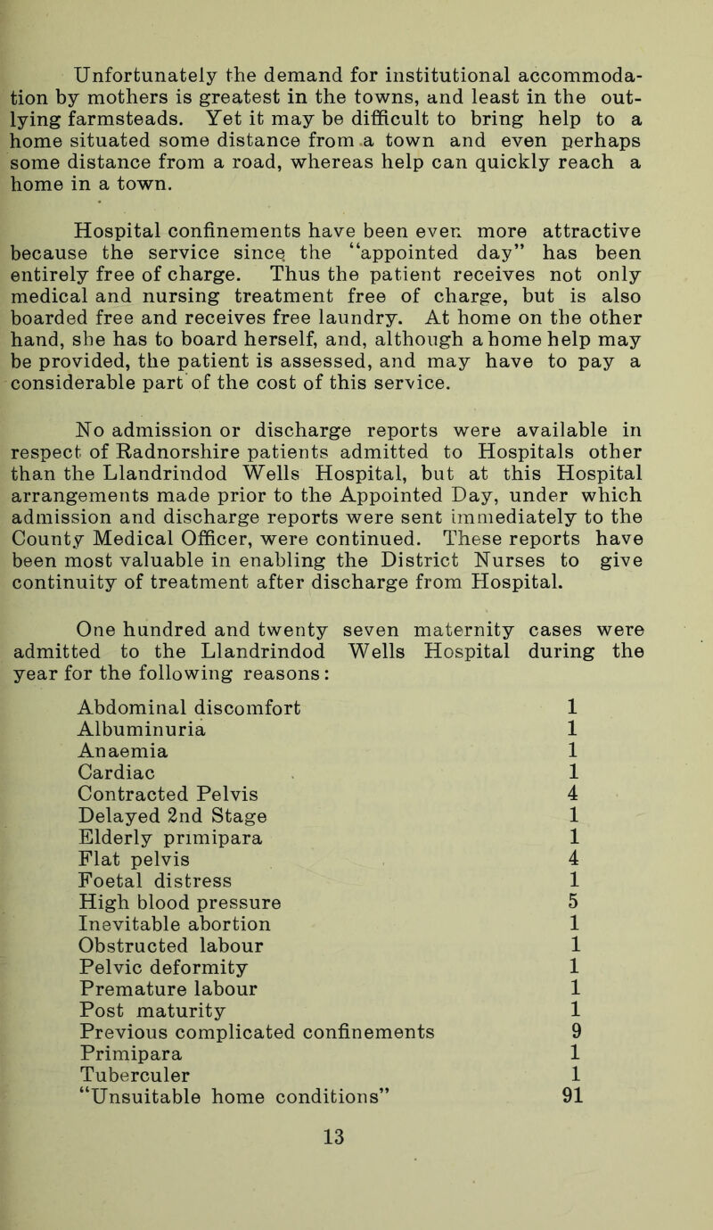 Unfortunately the demand for institutional accommoda- tion by mothers is greatest in the towns, and least in the out- lying farmsteads. Yet it may be difficult to bring help to a home situated some distance from .a town and even perhaps some distance from a road, whereas help can quickly reach a home in a town. Hospital confinements have been even more attractive because the service since, the “appointed day” has been entirely free of charge. Thus the patient receives not only medical and nursing treatment free of charge, but is also boarded free and receives free laundry. At home on the other hand, she has to board herself, and, although a home help may be provided, the patient is assessed, and may have to pay a considerable part of the cost of this service. No admission or discharge reports were available in respect of Radnorshire patients admitted to Hospitals other than the Llandrindod Wells Hospital, but at this Hospital arrangements made prior to the Appointed Day, under which admission and discharge reports were sent immediately to the County Medical Officer, were continued. These reports have been most valuable in enabling the District Nurses to give continuity of treatment after discharge from Hospital. One hundred and twenty seven maternity cases were admitted to the Llandrindod Wells Hospital during the year for the following reasons: Abdominal discomfort 1 Albuminuria 1 Anaemia 1 Cardiac 1 Contracted Pelvis 4 Delayed 2nd Stage 1 Elderly pnmipara 1 Flat pelvis 4 Foetal distress 1 High blood pressure 5 Inevitable abortion 1 Obstructed labour 1 Pelvic deformity 1 Premature labour 1 Post maturity 1 Previous complicated confinements 9 Primipara 1 Tuberculer 1 “Unsuitable home conditions” 91