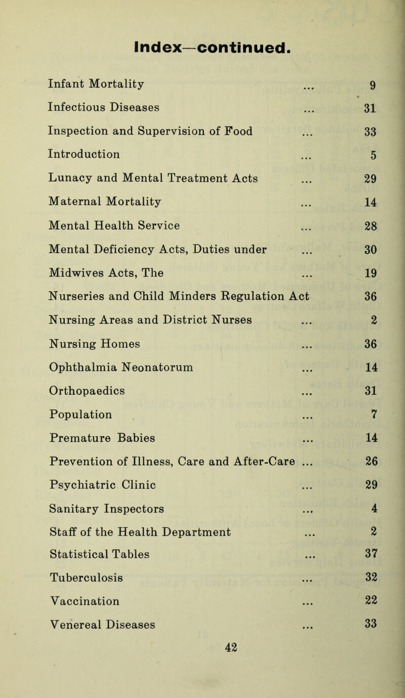 Index—continued Infant Mortality ... 9 Infectious Diseases ... 31 Inspection and Supervision of Food ... 33 Introduction ... 5 Lunacy and Mental Treatment Acts ... 29 Maternal Mortality ... 14 Mental Health Service ... 28 Mental Deficiency Acts, Duties under ... 30 Midwives Acts, The ... 19 Nurseries and Child Minders Regulation Act 36 Nursing Areas and District Nurses ... 2 Nursing Homes ... 36 Ophthalmia Neonatorum ... 14 Orthopaedics ... 31 Population ... 7 Premature Babies ... 14 Prevention of Illness, Care and After-Care ... 26 Psychiatric Clinic ... 29 Sanitary Inspectors ... 4 Staff of the Health Department ... 2 Statistical Tables ... 37 Tuberculosis ... 32 Vaccination ... 22 Venereal Diseases ... 33