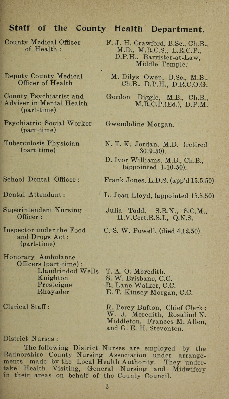 Staff of the County Health Department. County Medical Officer of Health : Deputy County Medical Officer of Health County Psychiatrist and Adviser in Mental Health (part-time) Psychiatric Social Worker (part-time) Tuberculosis Physician (part-time) School Dental Officer : Dental Attendant: Superintendent Nursing Officer : Inspector under the Food and Drugs Act: (part-time) Honorary Ambulance Officers (part-time): Llandrindod Wells Knighton Presteigne Rhayader Clerical Staff: F. J. H, Crawford, B.Sc., Ch.B., M.D., M.R.C.S., L.R.C.P., D.P.H., Barrister-at-Law, Middle Temple. M. Dilys Owen, B.Sc., M.B., Ch.B., D.P.H., D.R.C.O.G. Gordon Diggle, M.B., Ch.B,, M.R.C.P.(Ed.), D.P.M. N. T. K. Jordan, M.D. (retired 30-9-50). D. Ivor Williams, M.B., Ch.B., (appointed 1-10-50). Frank Jones, L.D.S. (app’d 15.5.50) L. Jean Lloyd, (appointed 15.5.50) Julia Todd, S.R.N., S.C.M., H.V.Cert.R.S.I., Q.N.S. C. S. W. Powell, (died 4.12.50) T. A. O. Meredith. S. W. Brisbane, C.C. R. Lane Walker, C.C. E. T. Kinsey Morgan, C.C. R. Percy Bufton, Chief Clerk ; W. J. Meredith, Rosalind N. Middleton, Frances M. Allen, and G. E. H. Steventon. Gwendoline Morgan. District Nurses : The following District Nurses are employed by the Radnorshire County Nursing Association under arrange- ments made by the Local Health Authority. They under- take Health Visiting, General Nursing and Midwifery in their areas on behalf of the County Council.