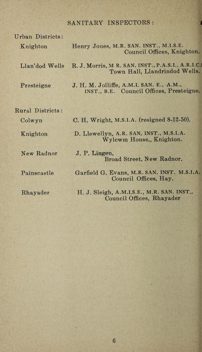 SANITARY INSPECTORS : Urban Districts: Knighton Henry Jones, M.R. SAN. INST., M.I.S.E. Council Offices, Knighton. Llan’dod Wells R. J. Morris, M R. SAN. INST., P.A.S.I., A.R.I.C.! Town Hall, Llandrindod Wells. Presteigne J. H. M. Jolliffe, A.M.I. SAN. E., A.M., INST., B.E. Council Offices, Presteigne. Rural Districts: Colwyn C. H. Wright, M.S.I.A. (resigned 8-12-50). Knighton D. Llewellyn, A.R. SAN. INST., M.S.I.A. Wylcwm House,, Knighton. New Radnor J. P. Lingen, Broad Street, N ew Radnor. Painscastle Garfield G. Evans, M.R. SAN. INST. M.S.I.A. Council Offices, Hay. Rhayader H. J. Sleigh, A.M.I.S.E., M.R. SAN. INST., Council Offices, Rhayader