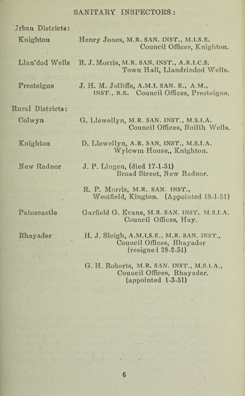 SANITARY INSPECTORS: Jrban Districts: Knighton Henry Jones, M.R. SAN. INST., M.I.S.E. Council Offices, Knighton. Llan’dod Wells R. J. Morris, M.R. SAN, INST., A.R.I.C.S, Town Hall, Llandrindod Wells. Presteigne J. H. M. Jolliffe, A.M.I. SAN. E., A.M., INST., B,E. Council Offices, Presteigne. Rural Districts: Colwyn G. Llewellyn, M.R. SAN. INST., M.S.I.A. Council Offices, Builth Wells. Knighton D. Llewellyn, A.R. SAN. INST., M.S.I.A. Wylcwm House,, Knighton. New Radnor J. P. Lingen, (died 17-1-51) Broad Street, jSlew Radnor. R. P. Morris, M.R. SAN. INST., Westfield, Kington. (Appointed 18-1-51) Painscastle Garfield G. Evans, M.R. SAN. INST. M.S.I.A. Council Offices, Hay. Rhayader H. J. Sleigh, A.M.I.S.E., M.R. SAN. INST.,  Council Offices, Rhayader (resigned 28-2-51) G. H. Roberts, M.R. SAN. INST., M.S.I.A., Council Offices, Rhayader, (appointed 1-3-51)